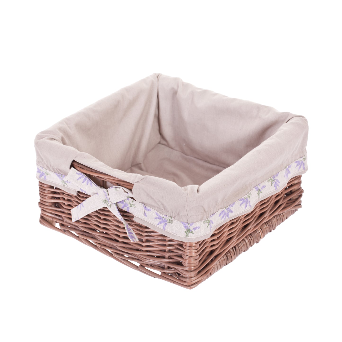 Nova wiklinowy kosz do przechowywania na regał z beżowym obszyciem, z uchwytami i kokardkami TheWickerStories