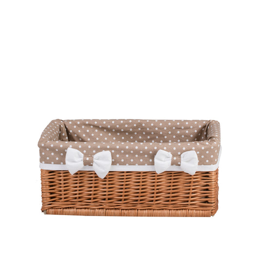 Nova wiklinowy kosz do przechowywania z beżowym obszyciem i kokardkami TheWickerStories