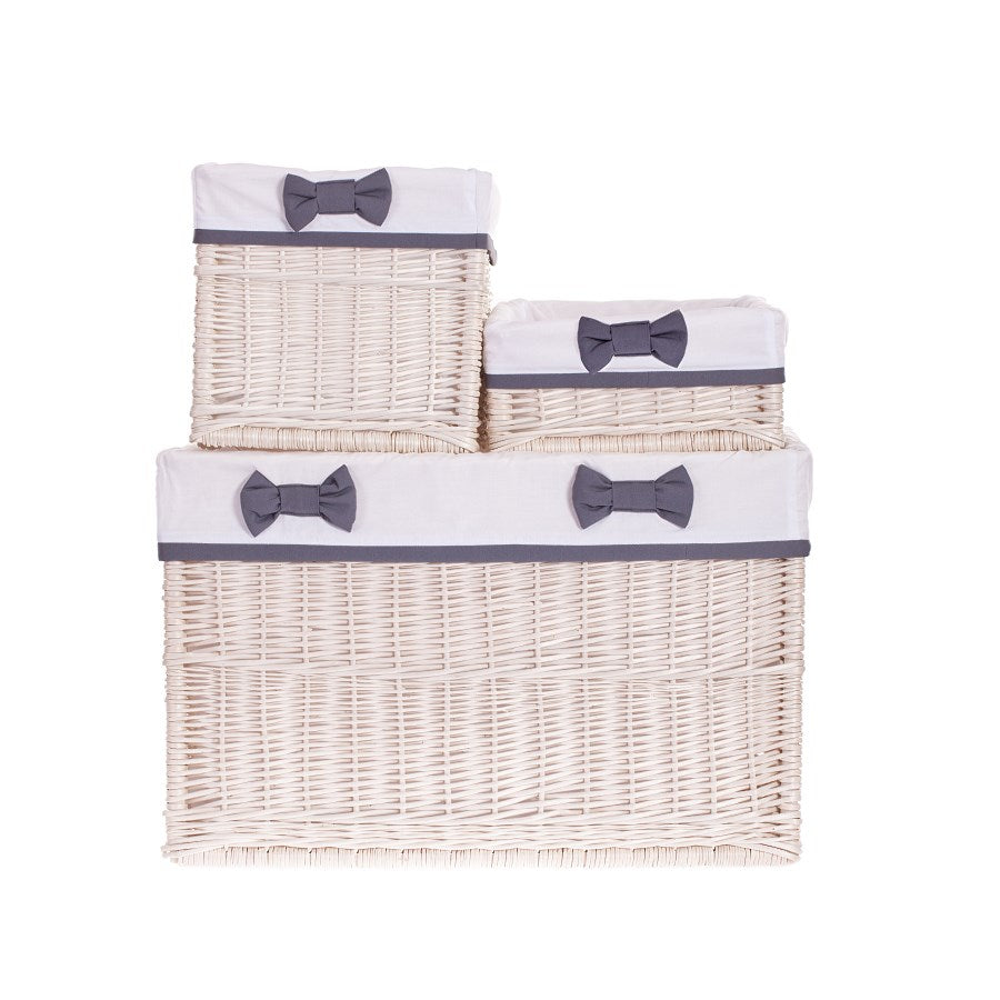 Nova wiklinowy kosz do przechowywania z białym obszyciem, zestaw 3 szt., z kokardami TheWickerStories