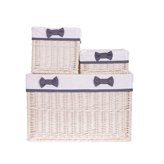 Nova wiklinowy kosz do przechowywania z białym obszyciem, zestaw 3 szt., z kokardami TheWickerStories