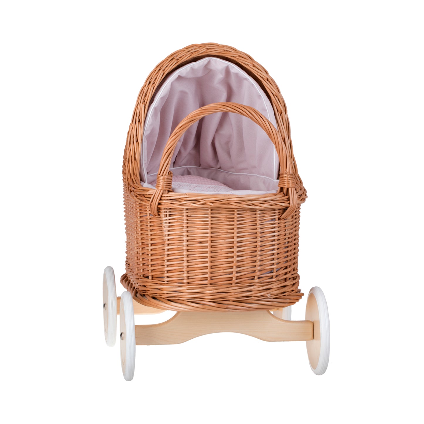 Lara wiklinowy wózek i kołyska dla lalek z różowym obszyciem, kołderką i poduszką TheWickerStories