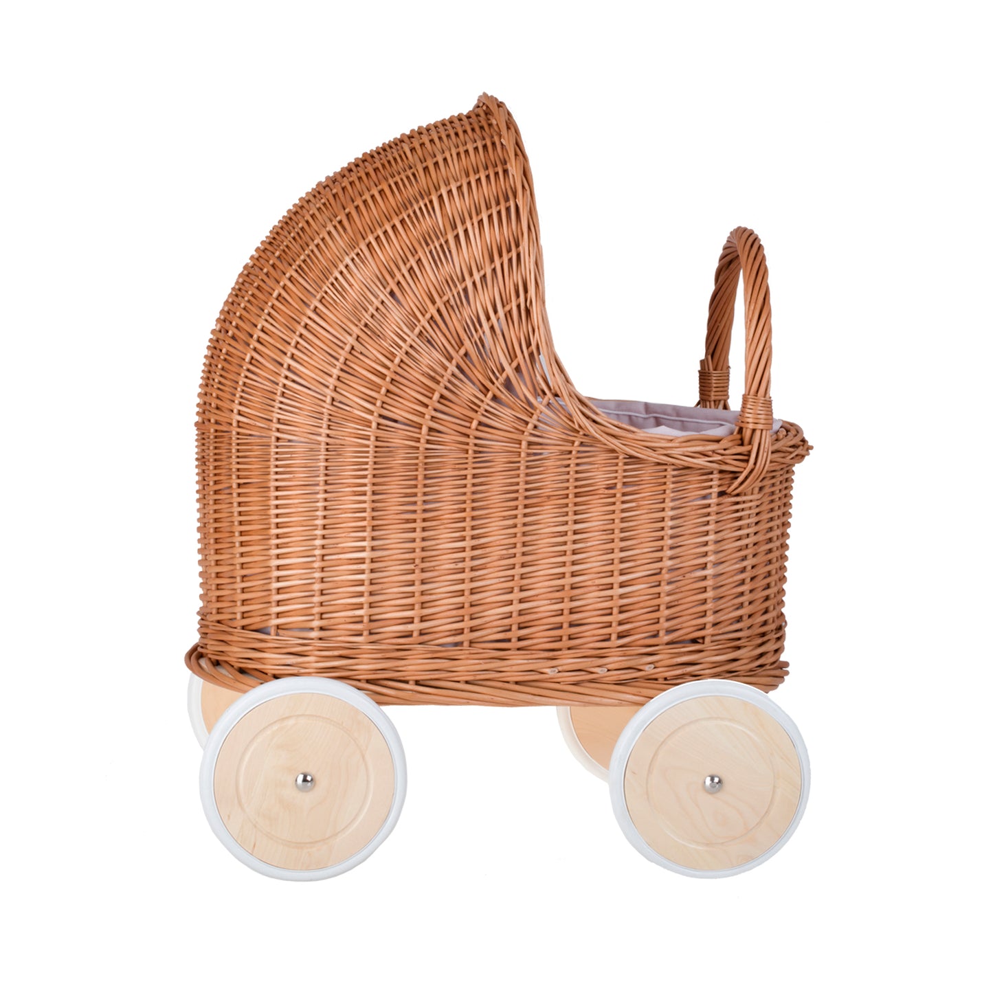 Lara wiklinowy wózek dla lalek z różowym obszyciem, kołderką i poduszką TheWickerStories