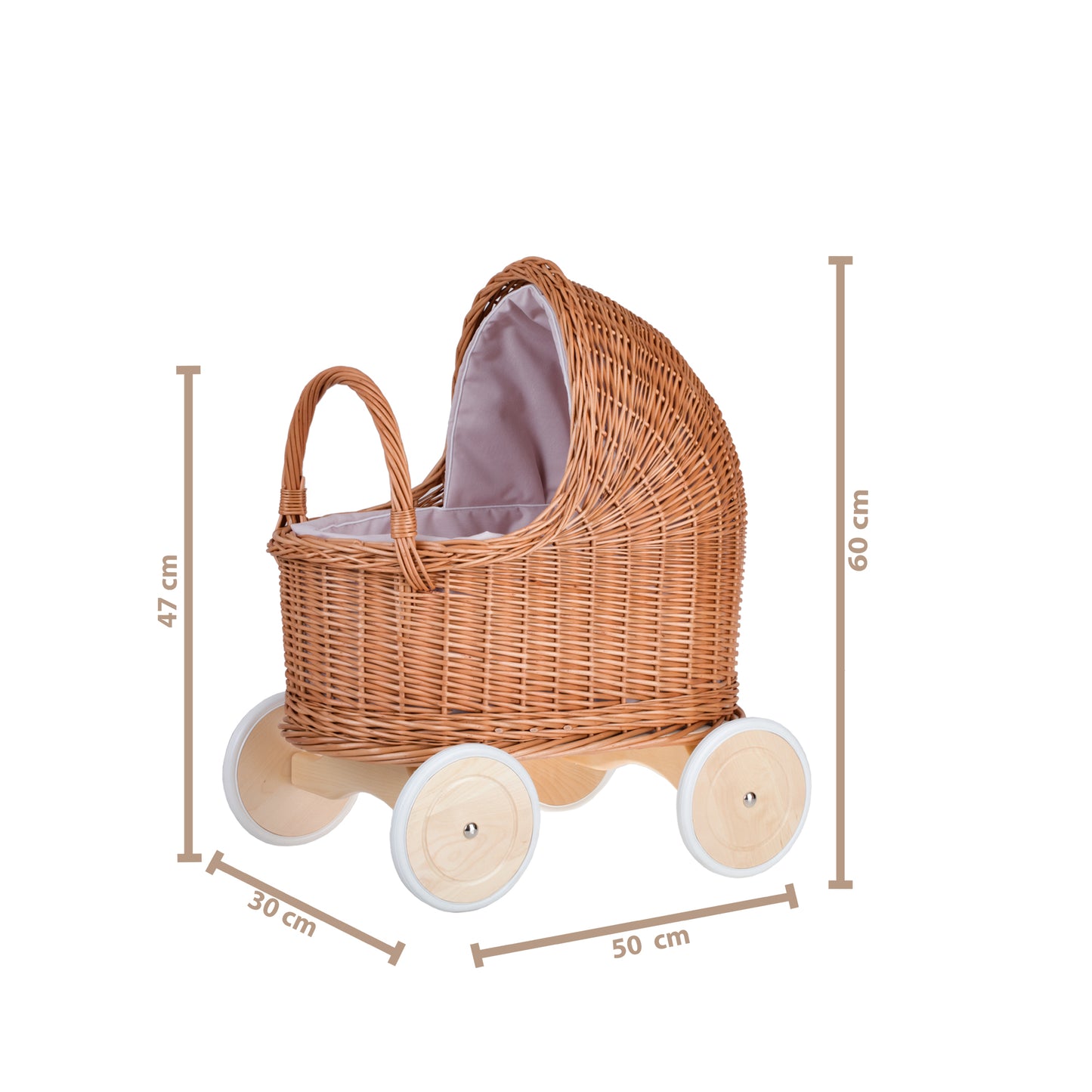 Lara wiklinowy wózek dla lalek z różowym obszyciem, kołderką i poduszką TheWickerStories