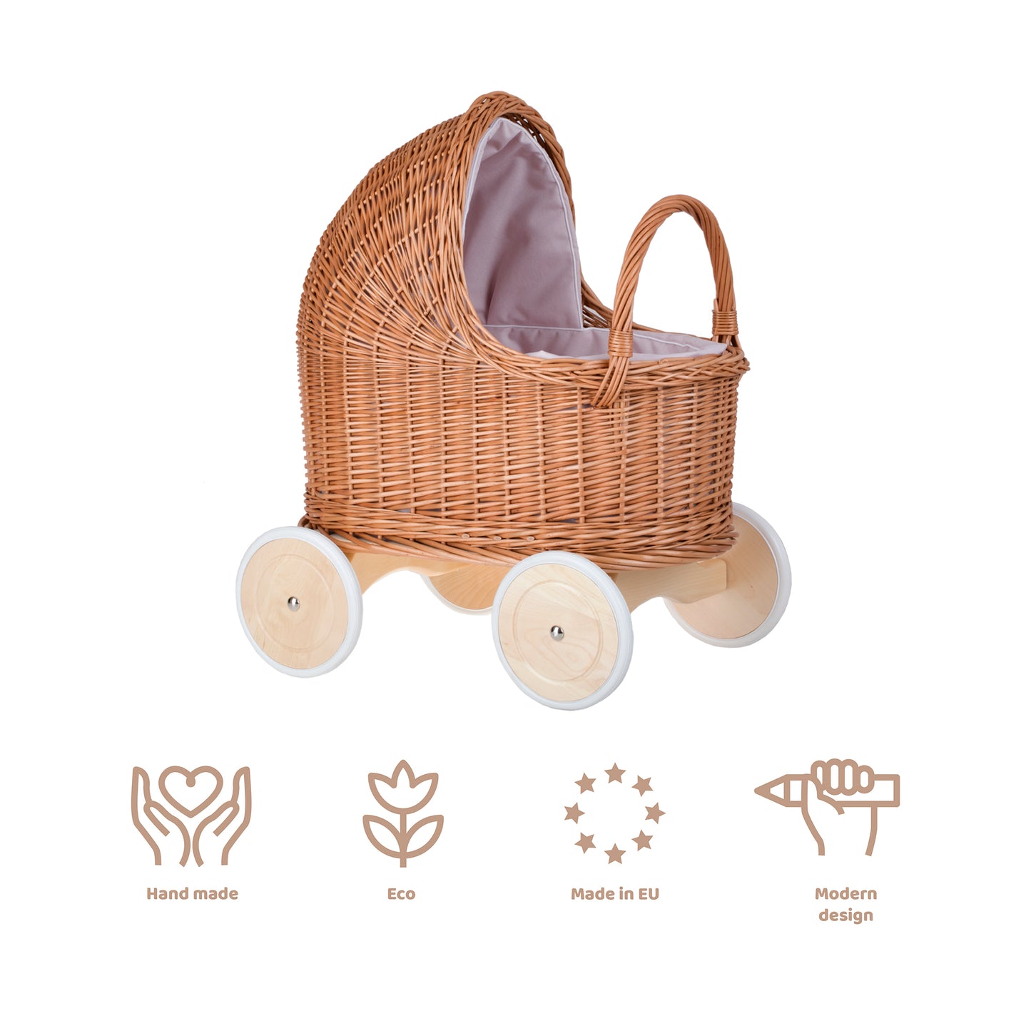 Lara wiklinowy wózek dla lalek z różowym obszyciem, kołderką i poduszką TheWickerStories