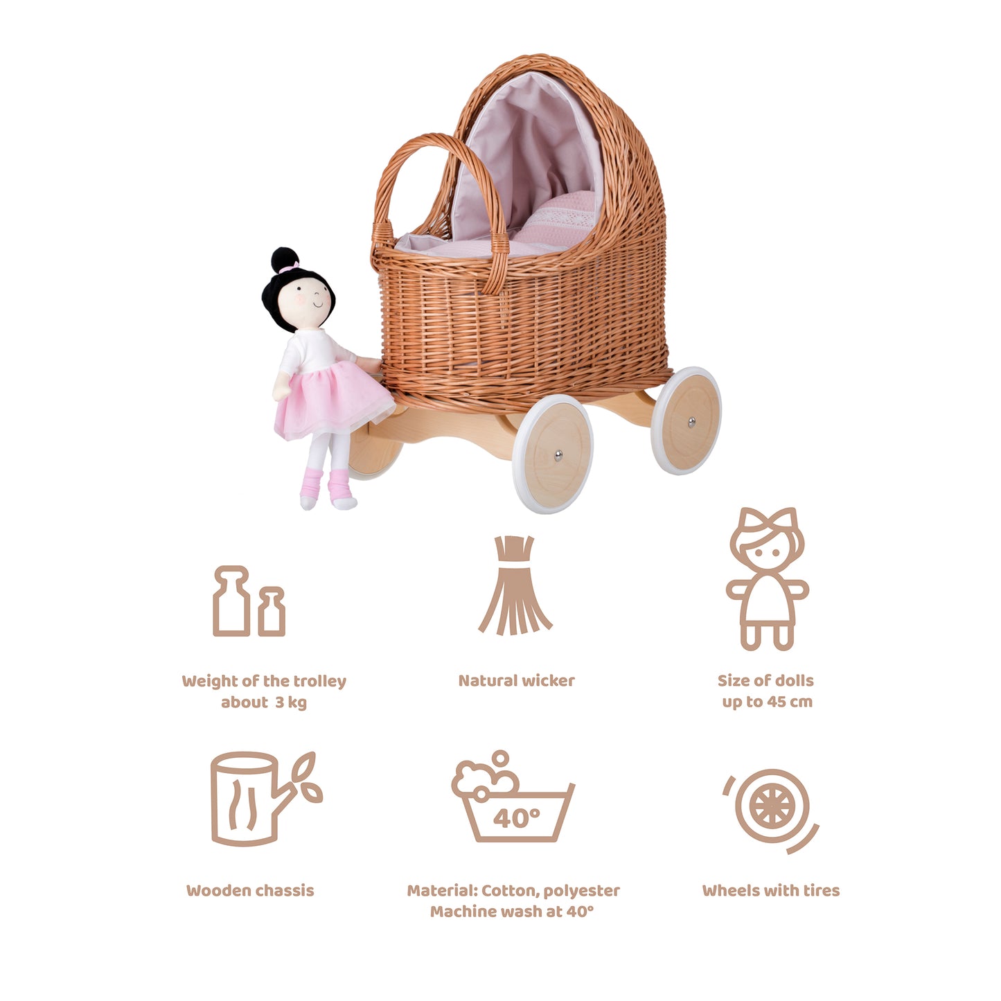 Lara wiklinowy wózek dla lalek z różowym obszyciem, kołderką i poduszką TheWickerStories
