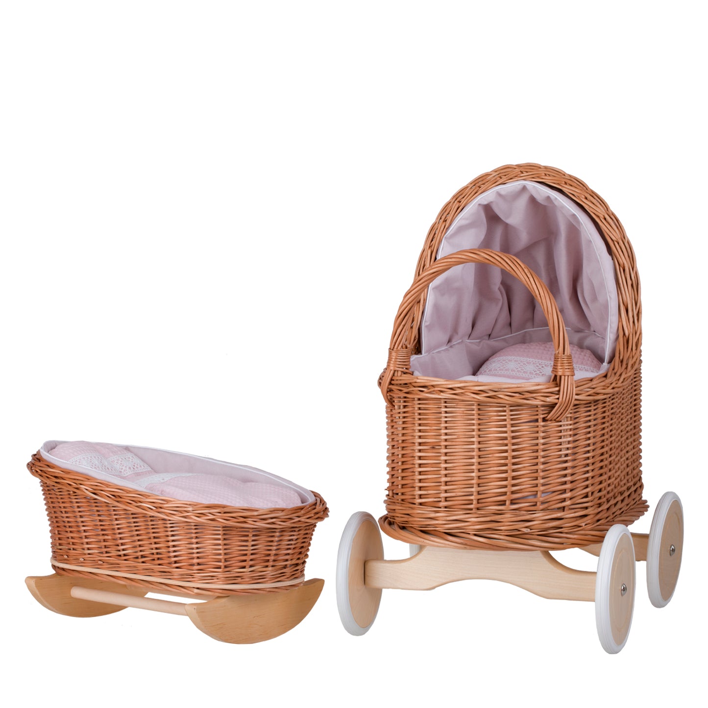 Lara wiklinowy wózek i kołyska dla lalek z różowym obszyciem, kołderką i poduszką TheWickerStories