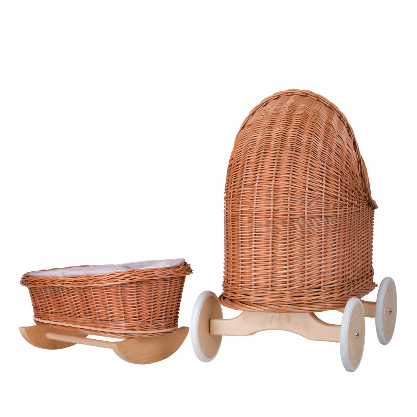 Lara wiklinowy wózek i kołyska dla lalek z różowym obszyciem, kołderką i poduszką TheWickerStories