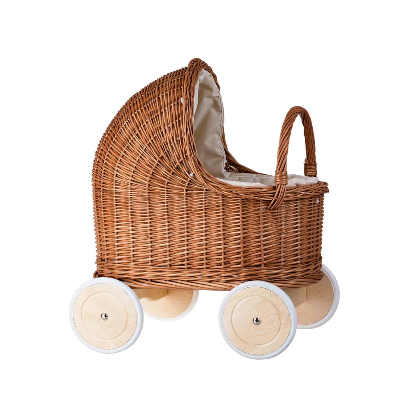 Lara wiklinowy wózek i kołyska dla lalek z beżowym obszyciem, kołderką i poduszką TheWickerStories