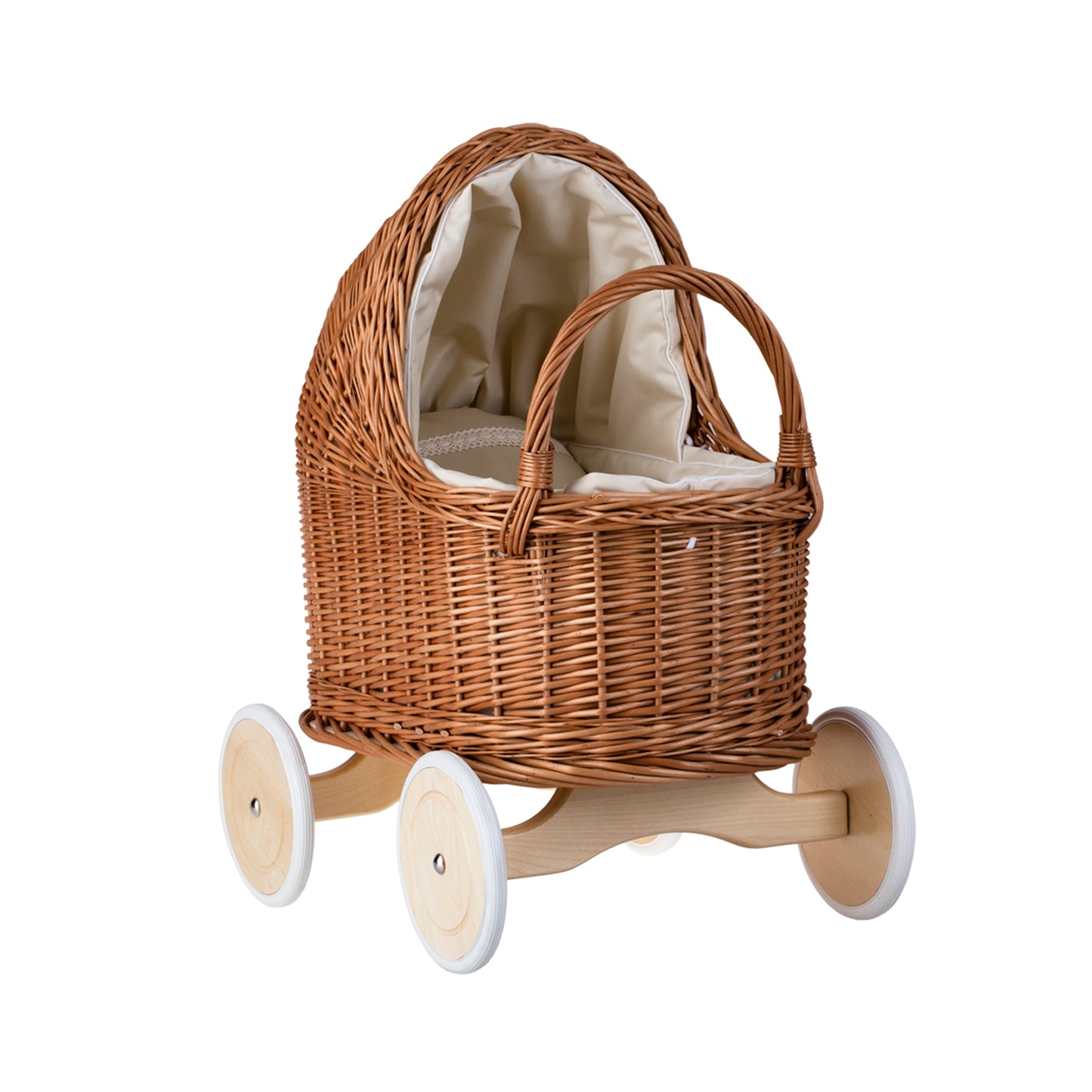 Lara wiklinowy wózek dla lalek z beżowym obszyciem, kołderką i poduszką TheWickerStories