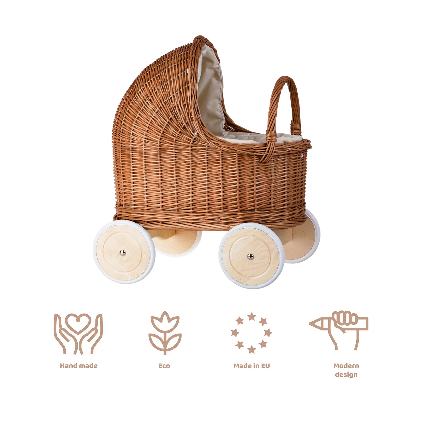 Lara wiklinowy wózek dla lalek z beżowym obszyciem, kołderką i poduszką TheWickerStories