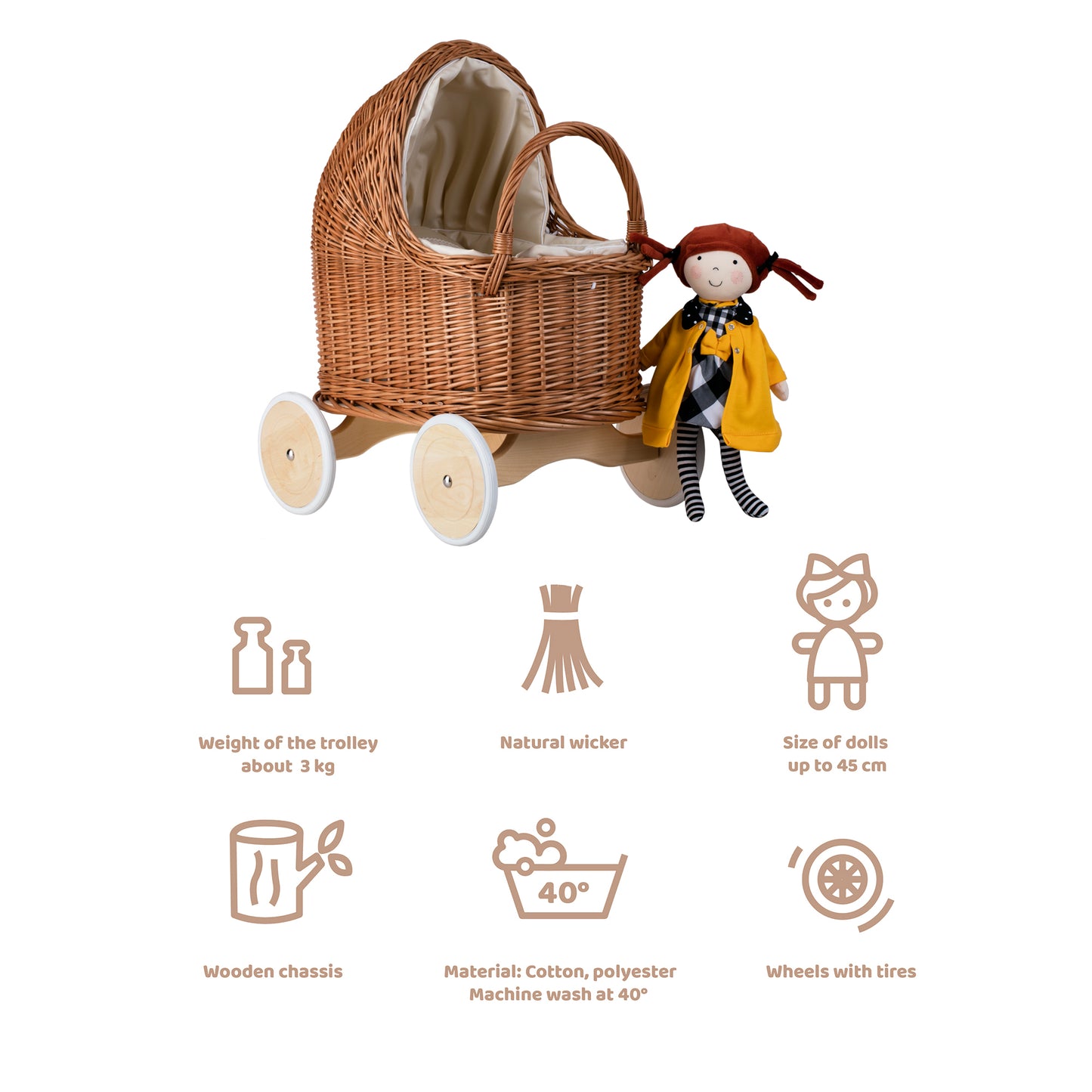 Lara wiklinowy wózek dla lalek z beżowym obszyciem, kołderką i poduszką TheWickerStories