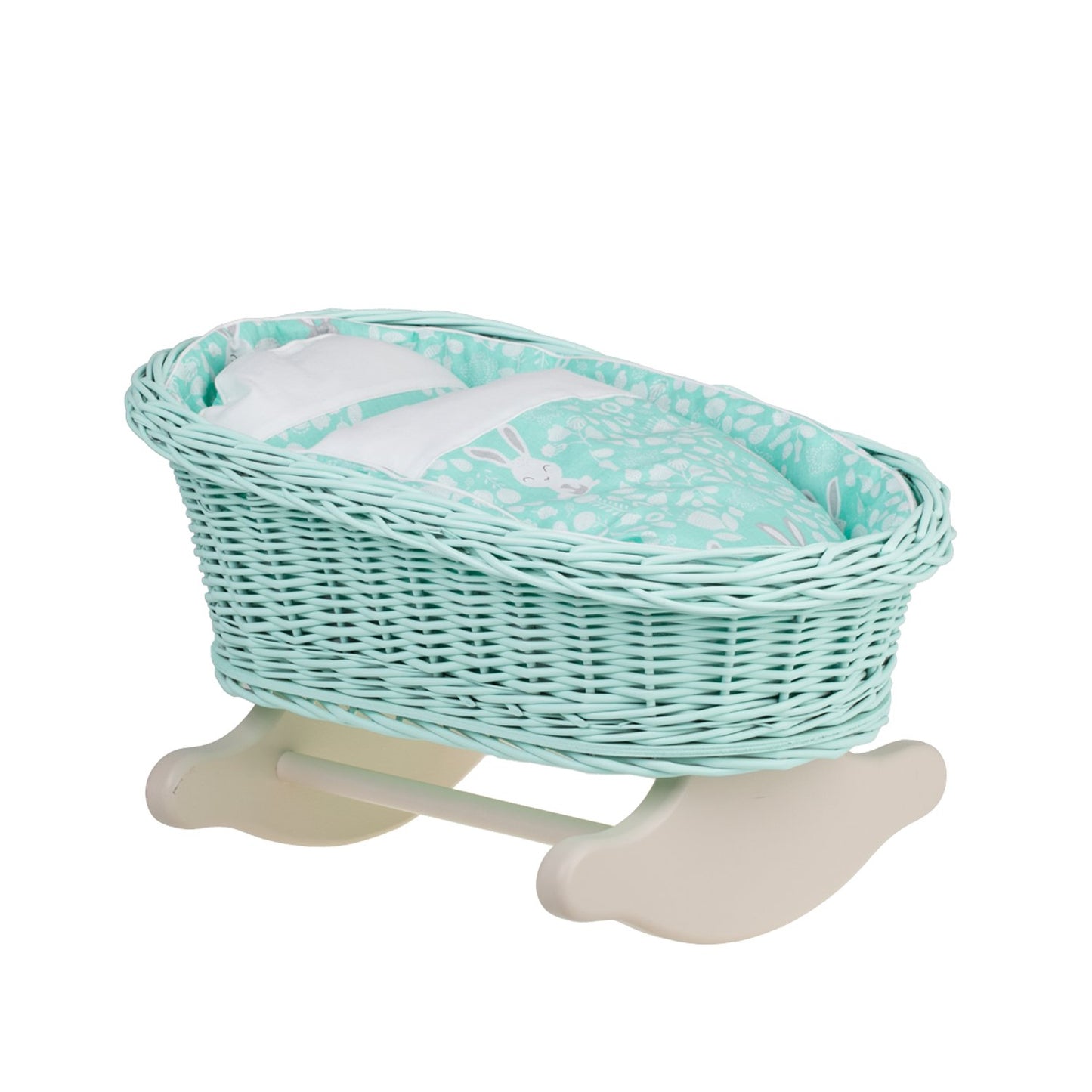 Mimi wiklinowa kołyska dla lalek z miętowym obszyciem, poduszką i kołderką TheWickerStories