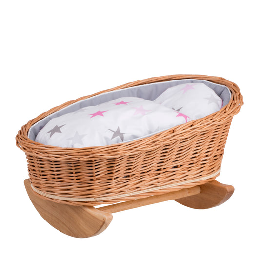 Mimi wiklinowa kołyska dla lalek z szarym obszyciem, poduszką i kołderką TheWickerStories