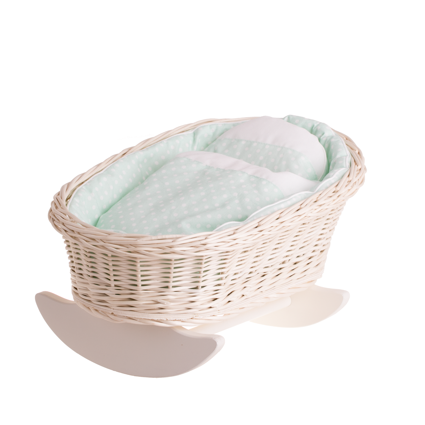Mimi wiklinowa kołyska dla lalek z miętowym obszyciem, poduszką i kołderką TheWickerStories