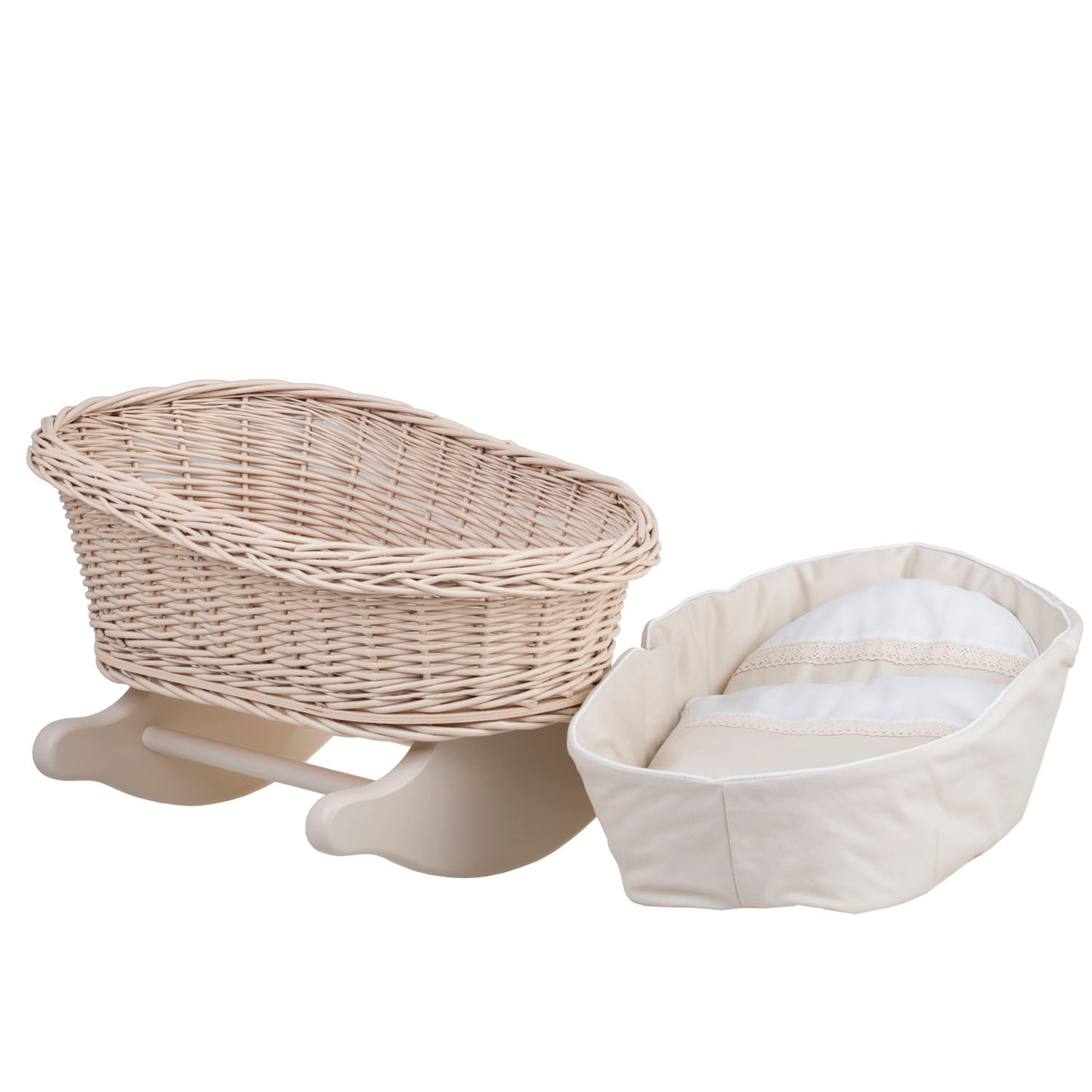 Mimi wiklinowa kołyska dla lalek z beżowym obszyciem, poduszką i kołderką TheWickerStories
