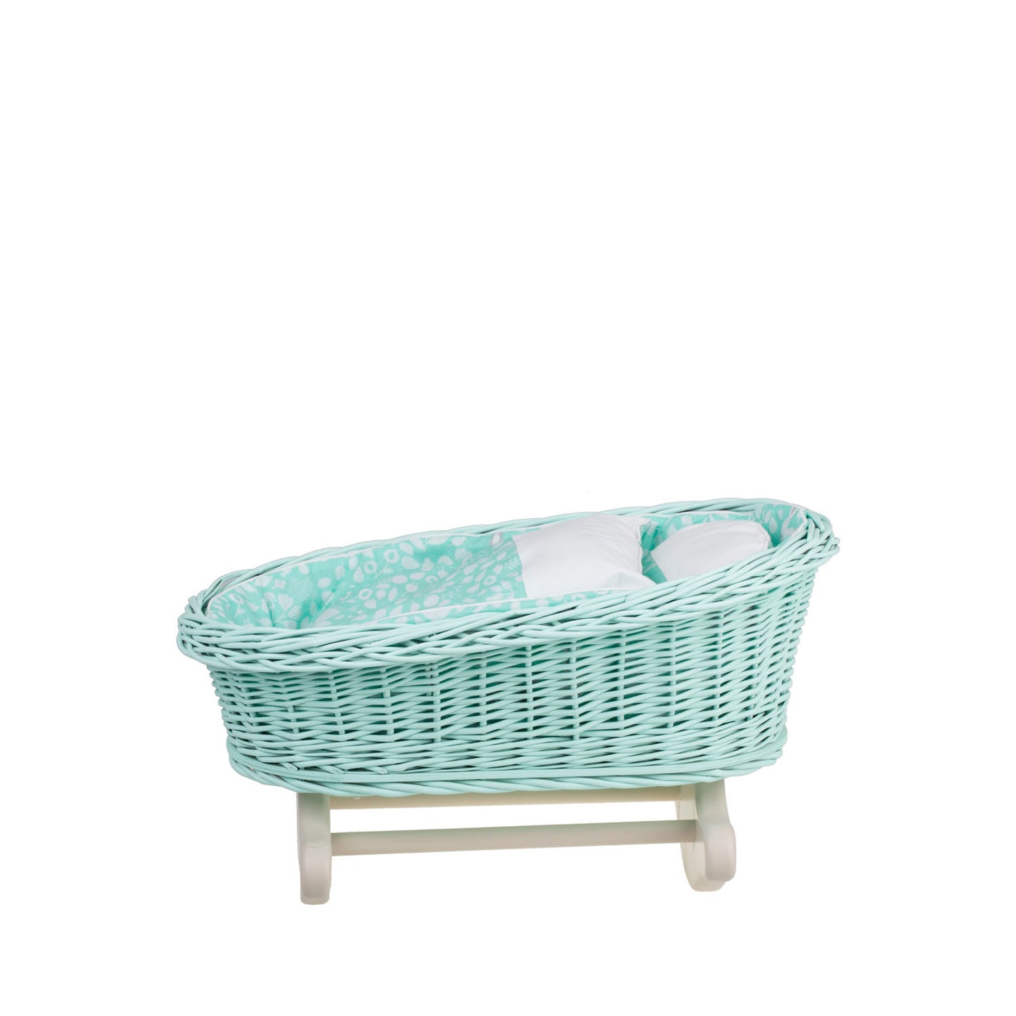 Mimi wiklinowa kołyska dla lalek z miętowym obszyciem, poduszką i kołderką TheWickerStories