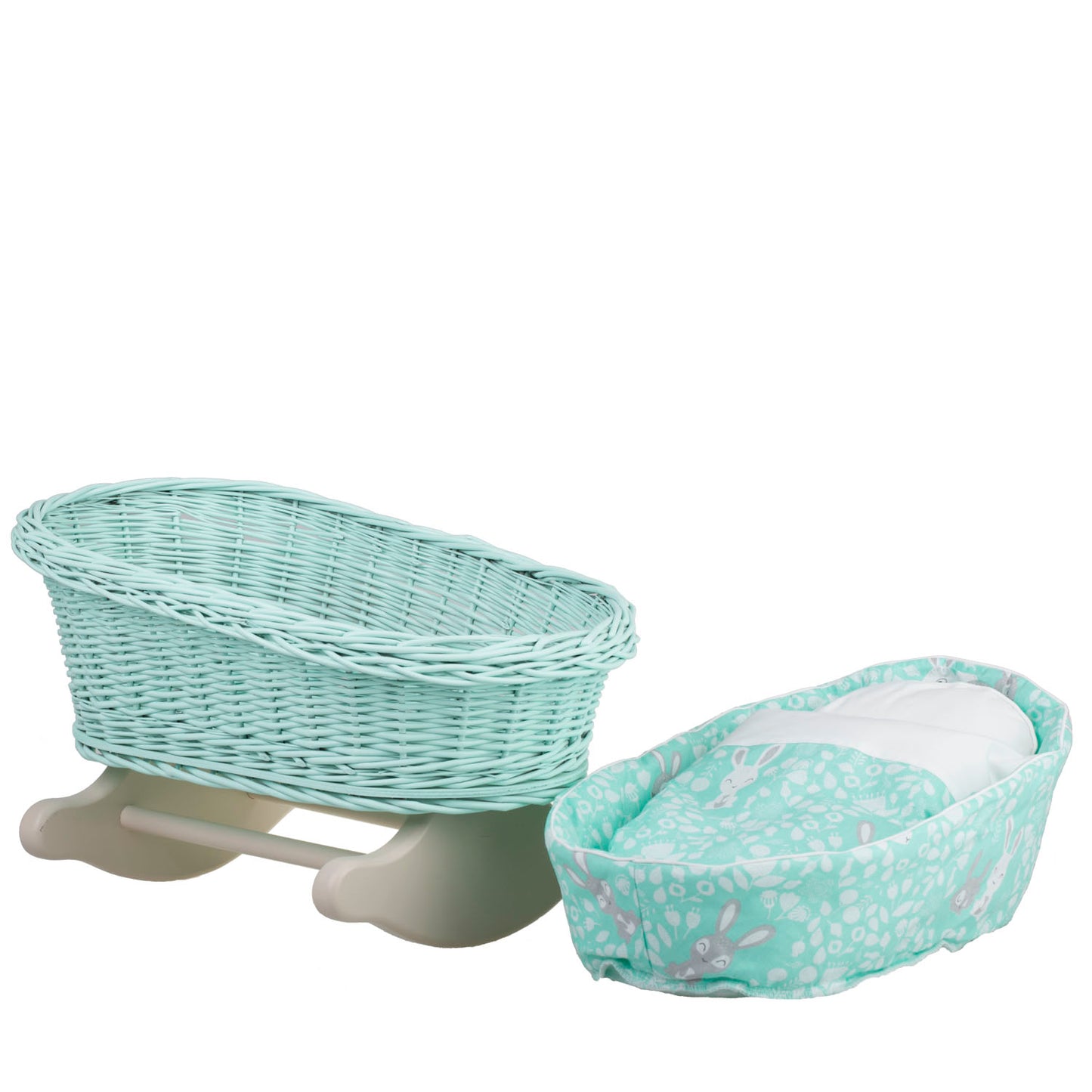Mimi wiklinowa kołyska dla lalek z miętowym obszyciem, poduszką i kołderką TheWickerStories