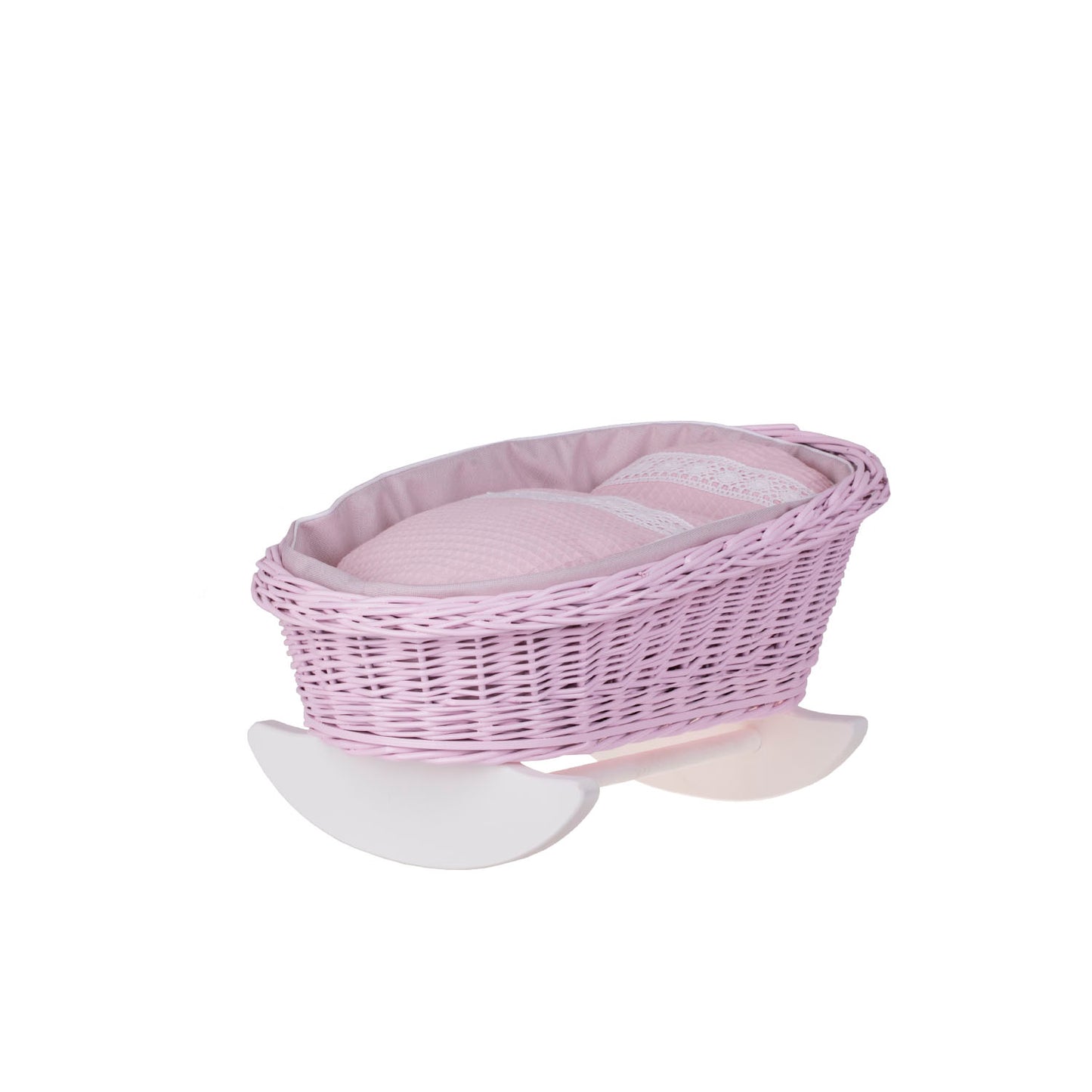 Lili wiklinowy wózek i kołyska dla lalek z różowym obszyciem, kołderką i poduszką TheWickerStories