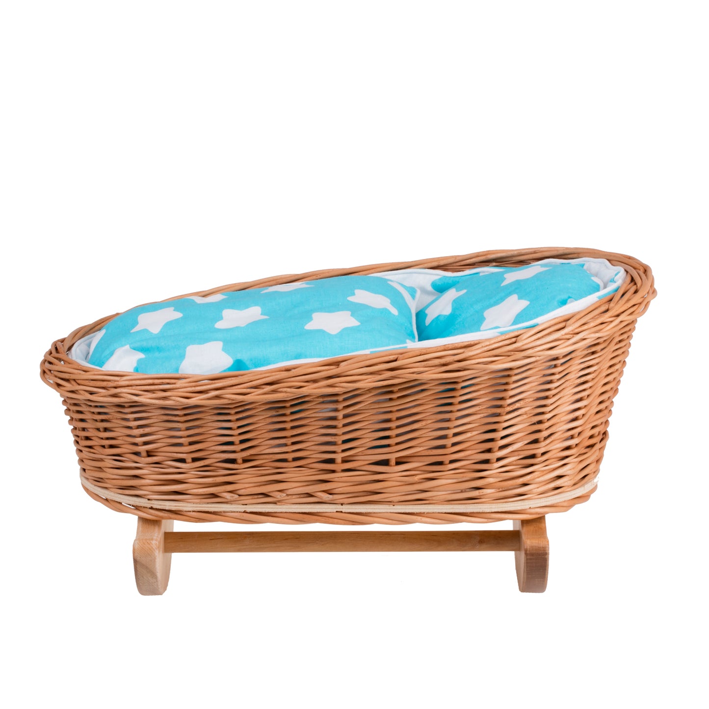 Mimi wiklinowa kołyska dla lalek z niebieskim obszyciem, poduszką i kołderką TheWickerStories