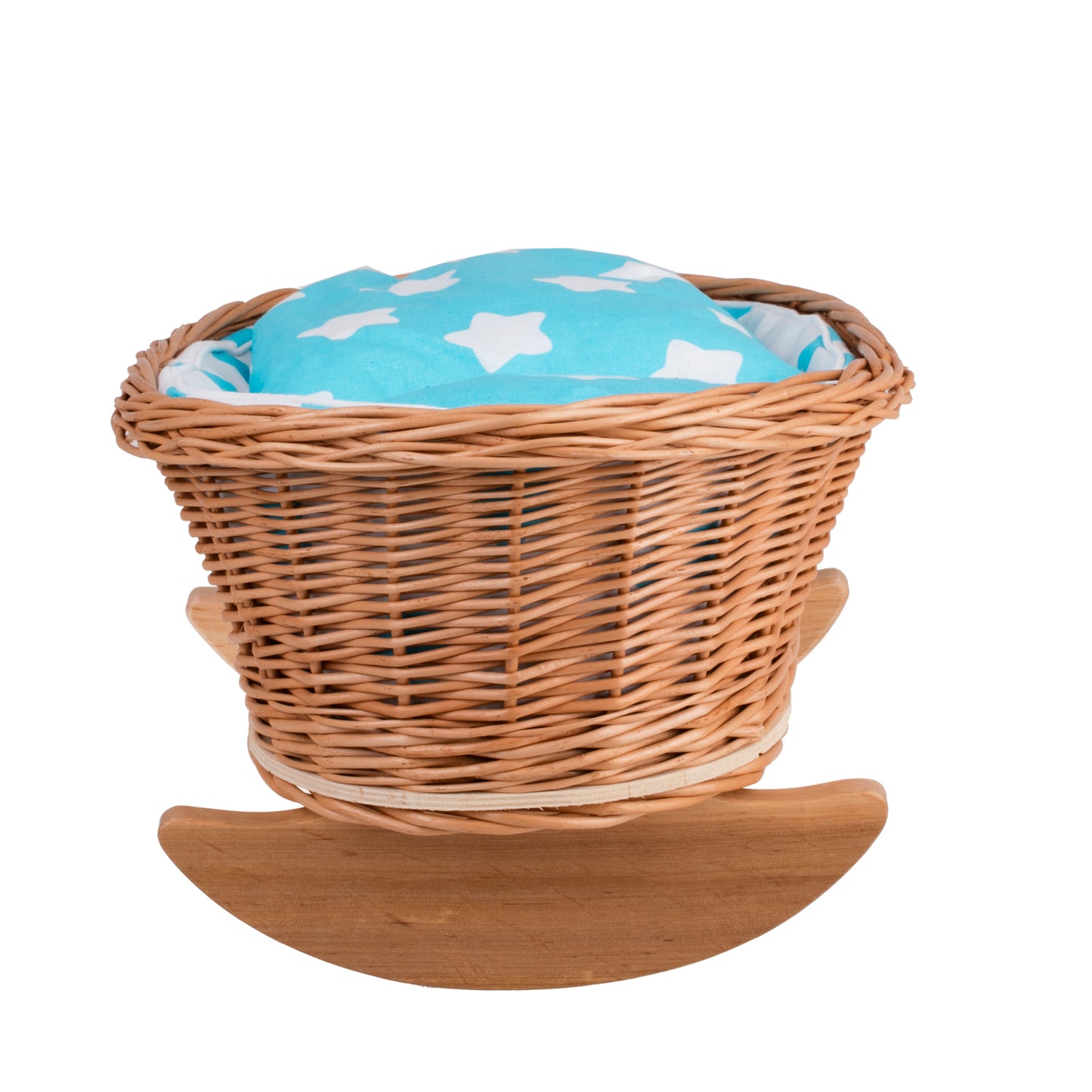 Mimi wiklinowa kołyska dla lalek z niebieskim obszyciem, poduszką i kołderką TheWickerStories
