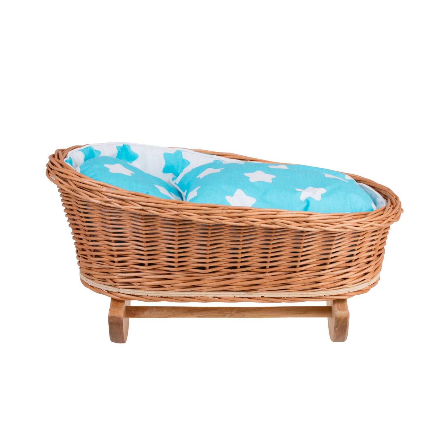 Mimi wiklinowa kołyska dla lalek z niebieskim obszyciem, poduszką i kołderką TheWickerStories