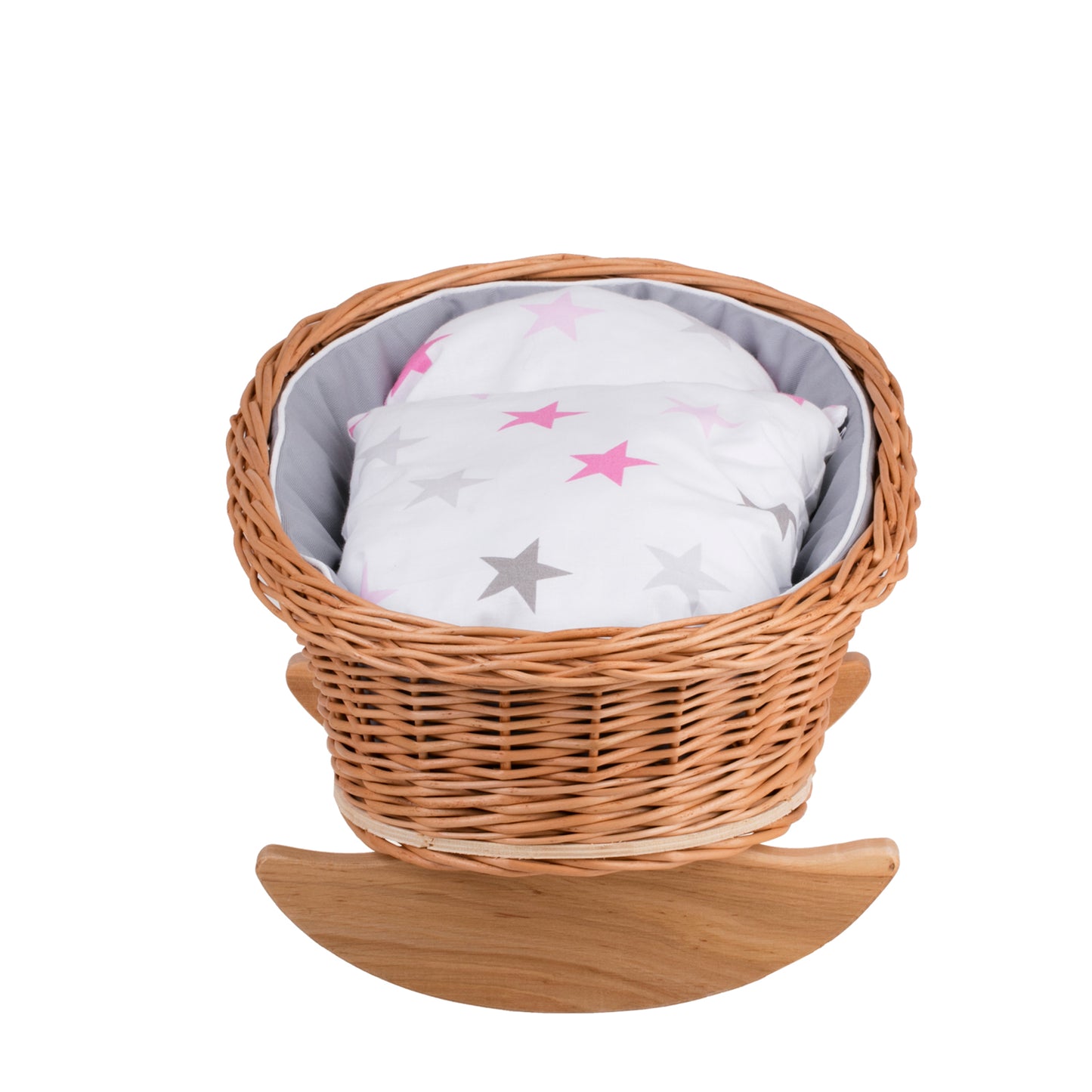 Mimi wiklinowa kołyska dla lalek z szarym obszyciem, poduszką i kołderką TheWickerStories