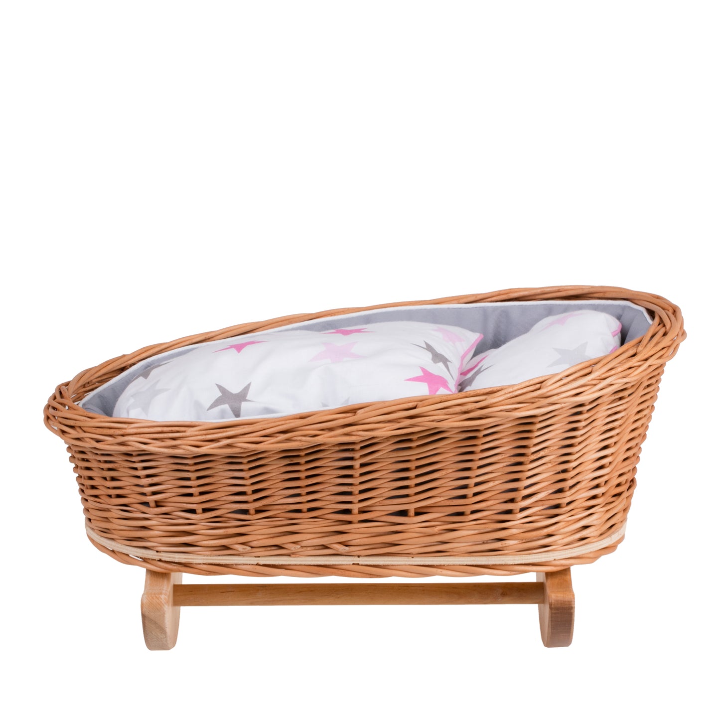 Mimi wiklinowa kołyska dla lalek z szarym obszyciem, poduszką i kołderką TheWickerStories