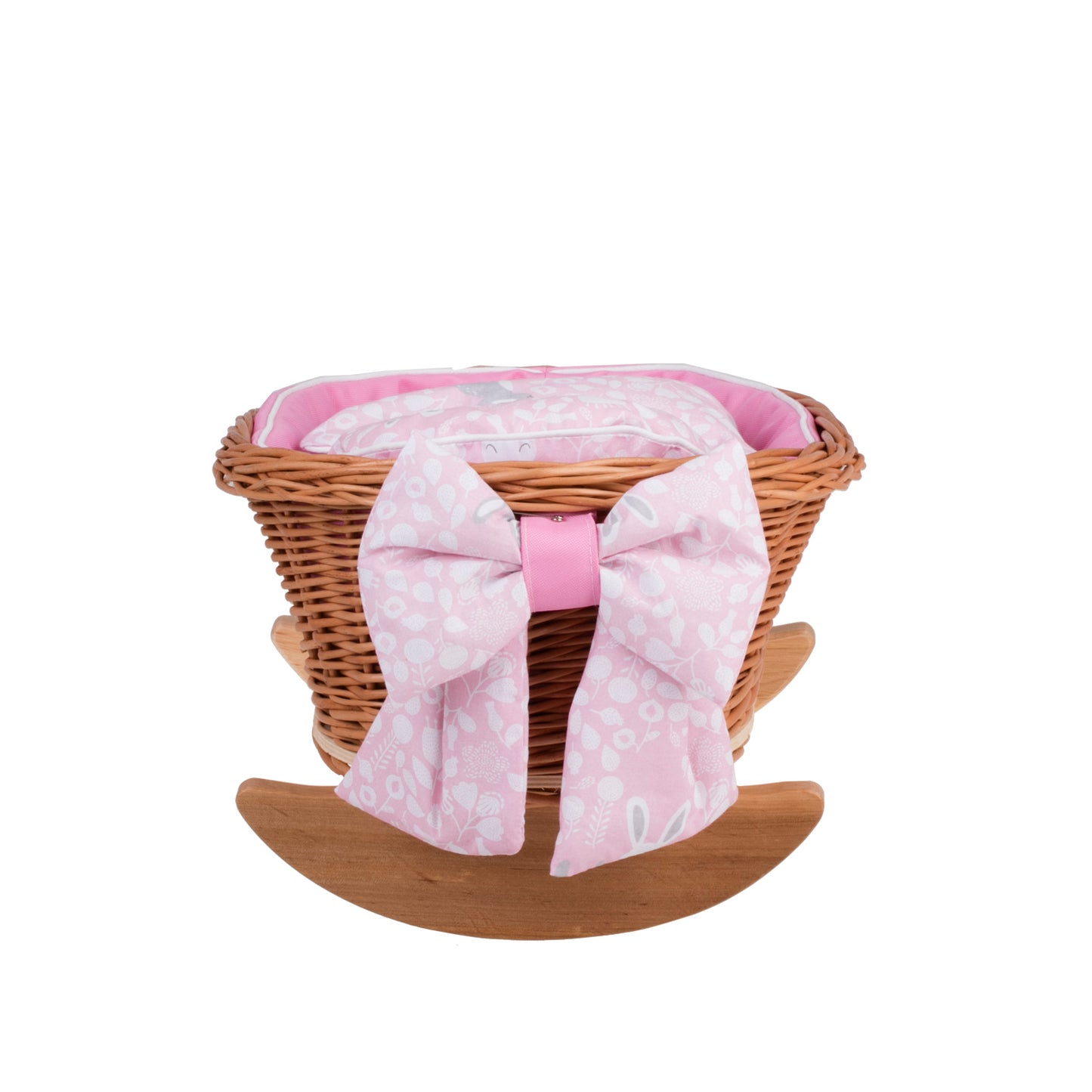 Lena wiklinowy wózek i kołyska dla lalek z różowym obszyciem, kołderką i poduszką TheWickerStories