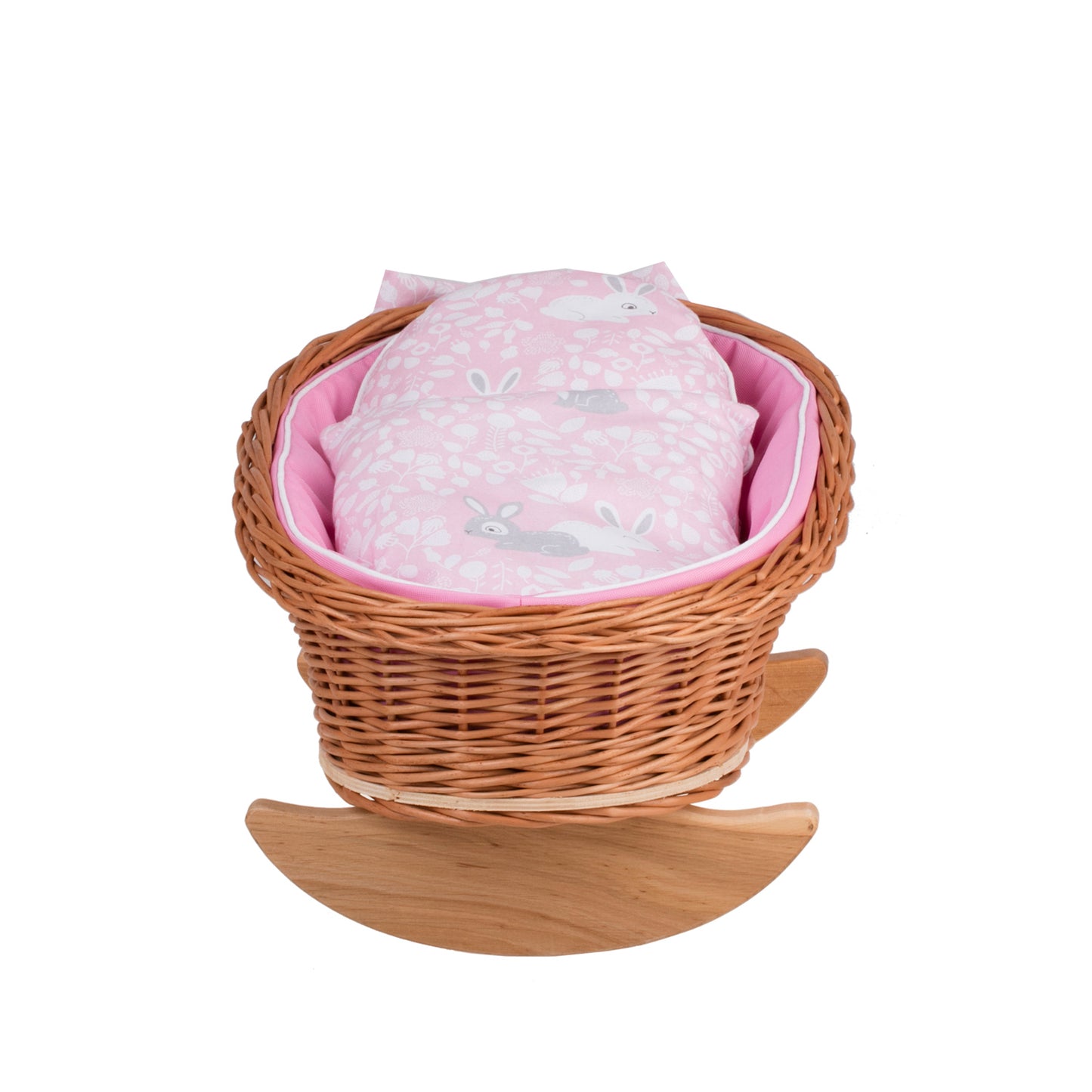 Mimi wiklinowa kołyska dla lalek z różowym obszyciem, poduszką i kołderką TheWickerStories