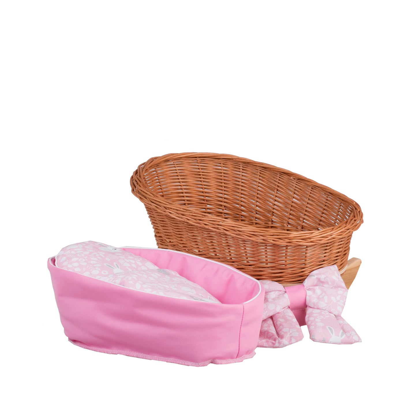 Mimi wiklinowa kołyska dla lalek z różowym obszyciem, poduszką i kołderką TheWickerStories