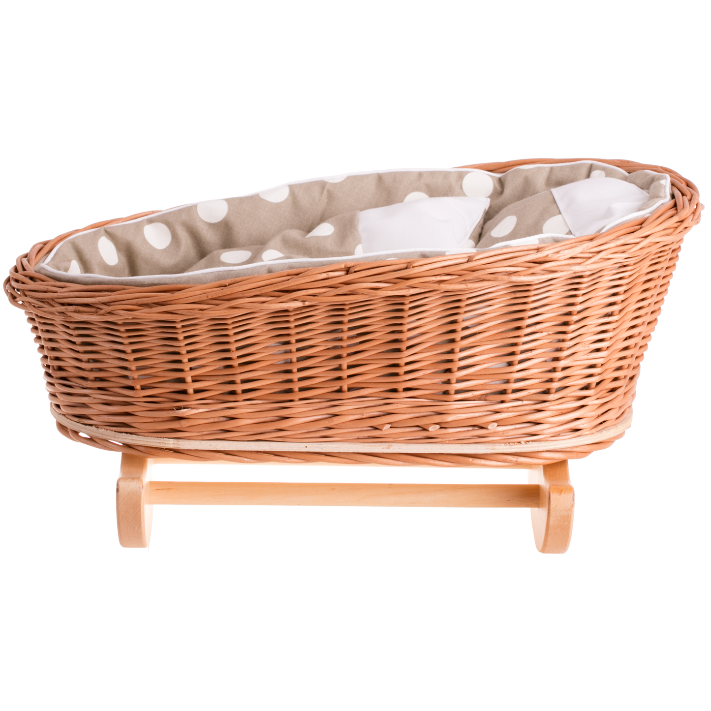 Mimi wiklinowa kołyska dla lalek z beżowym obszyciem, poduszką i kołderką TheWickerStories