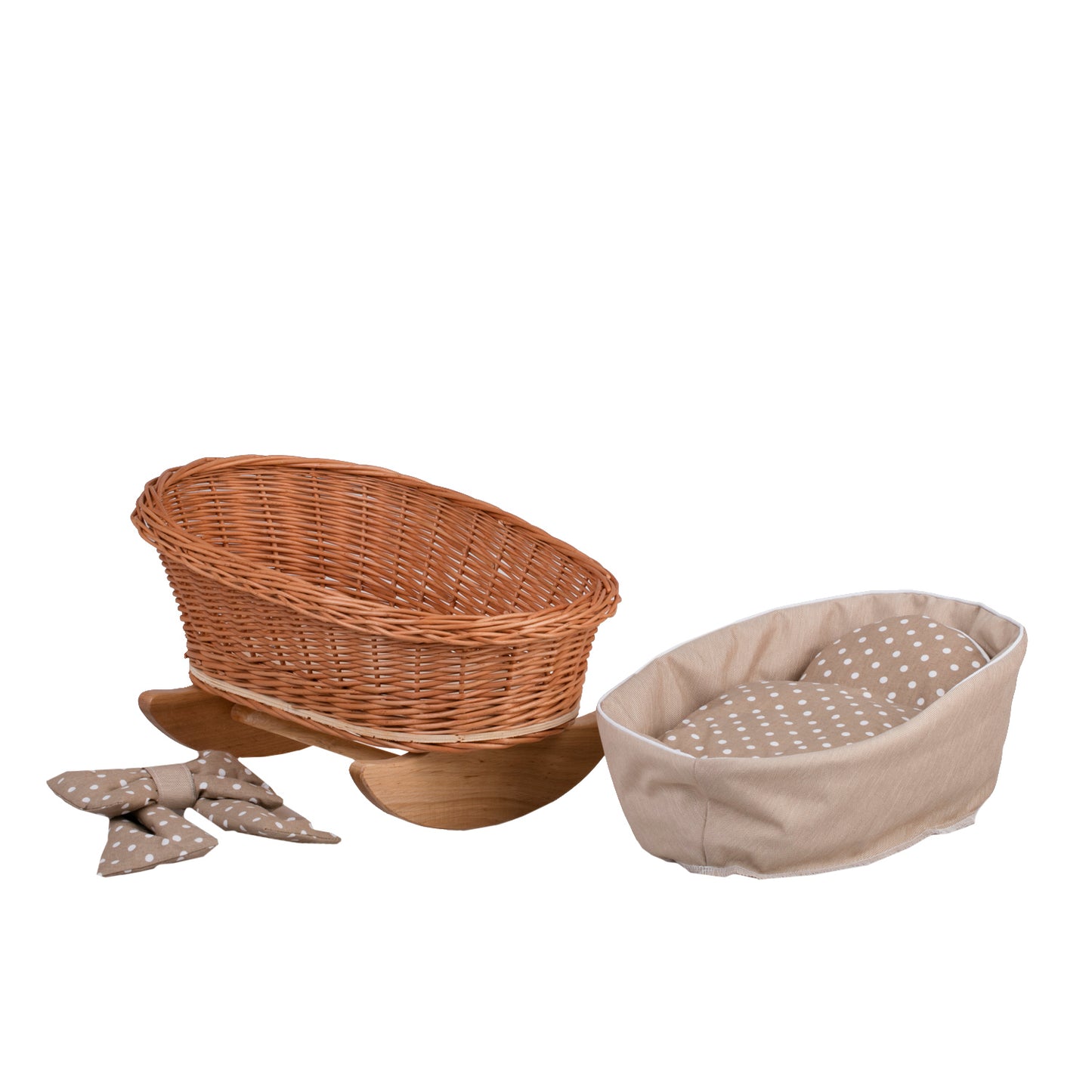 Mimi wiklinowa kołyska dla lalek z brązowym obszyciem, poduszką i kołderką TheWickerStories