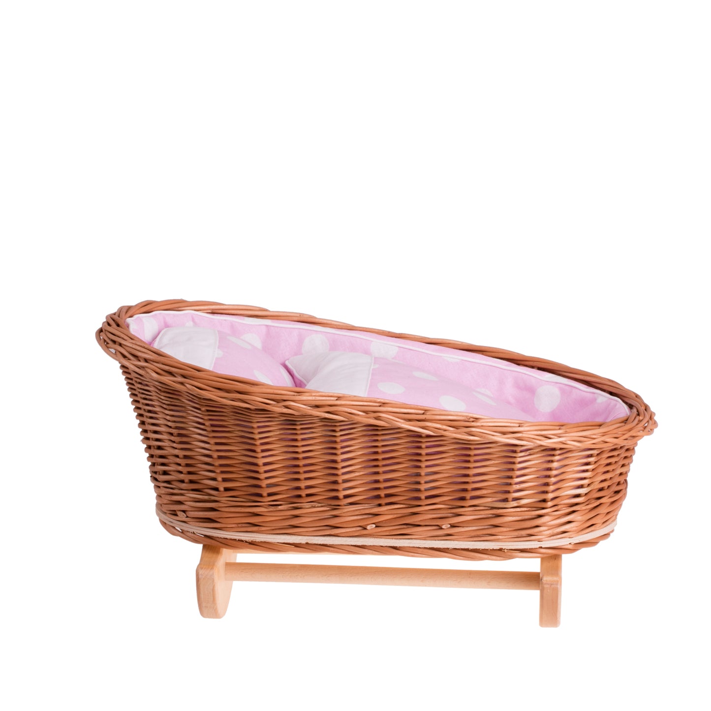 Mimi wiklinowa kołyska dla lalek z różowym obszyciem, poduszką i kołderką TheWickerStories