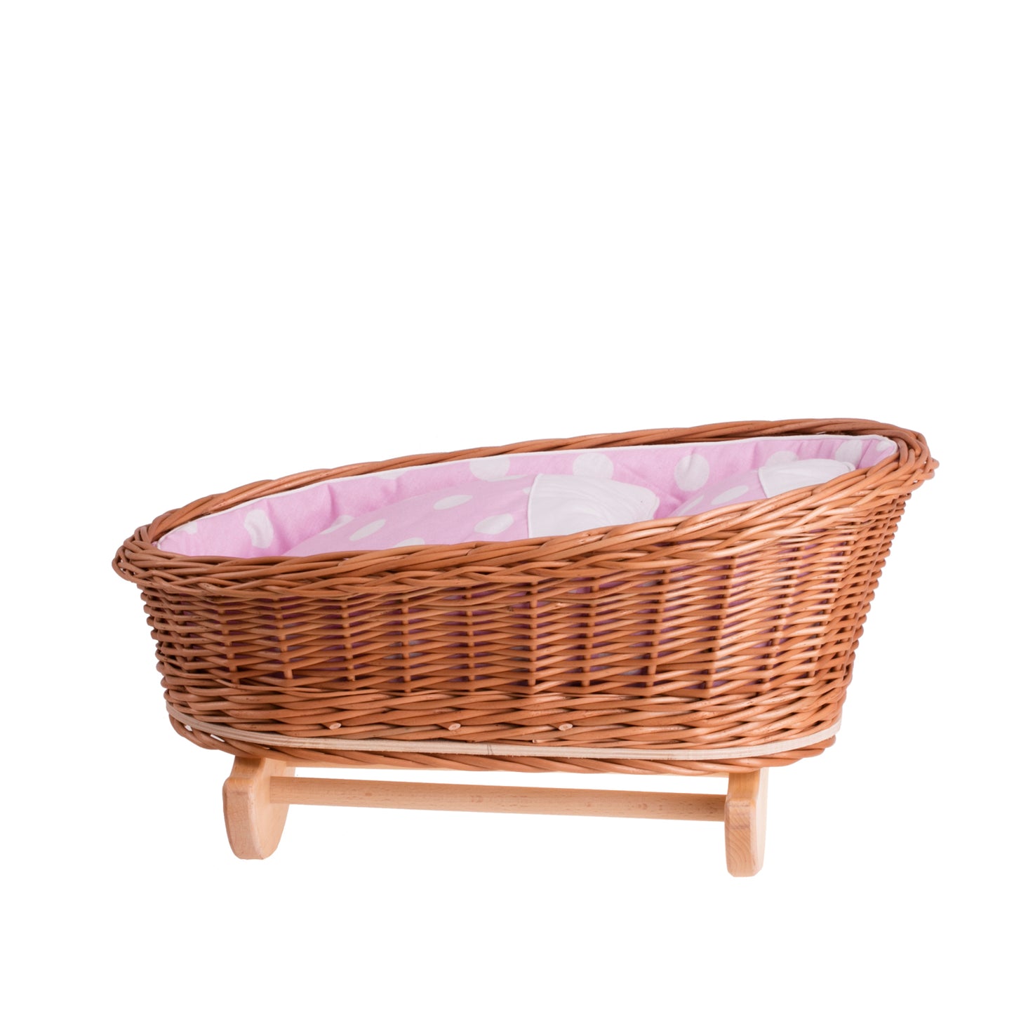 Mimi wiklinowa kołyska dla lalek z różowym obszyciem, poduszką i kołderką TheWickerStories