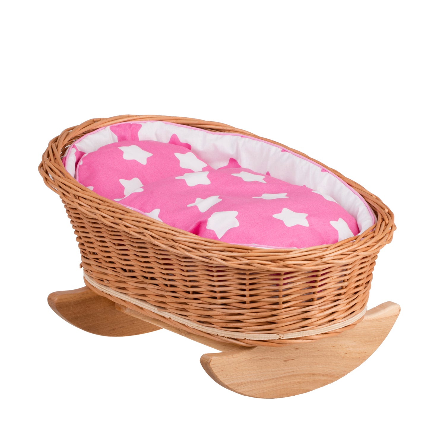 Mimi wiklinowa kołyska dla lalek z różowym obszyciem, poduszką i kołderką TheWickerStories
