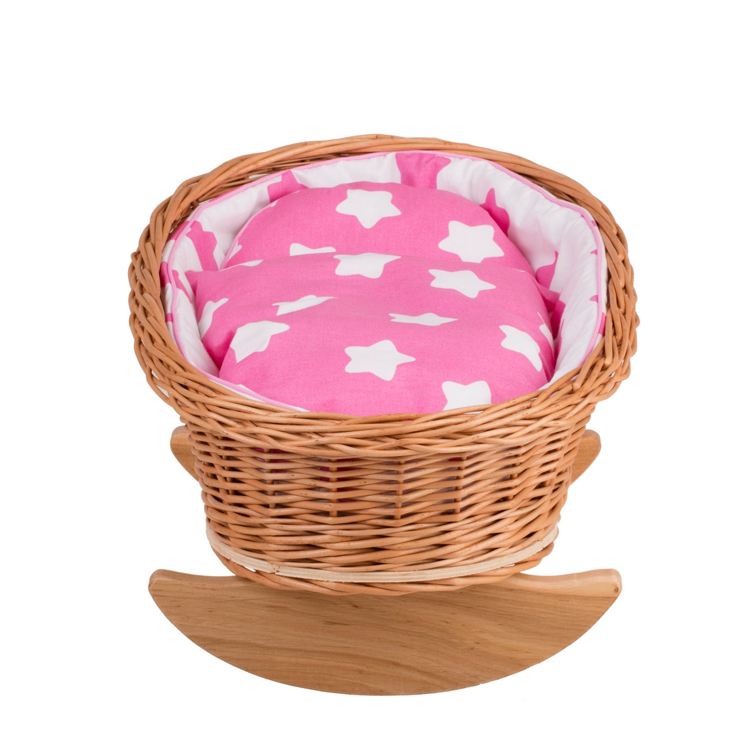 Mimi wiklinowa kołyska dla lalek z różowym obszyciem, poduszką i kołderką TheWickerStories