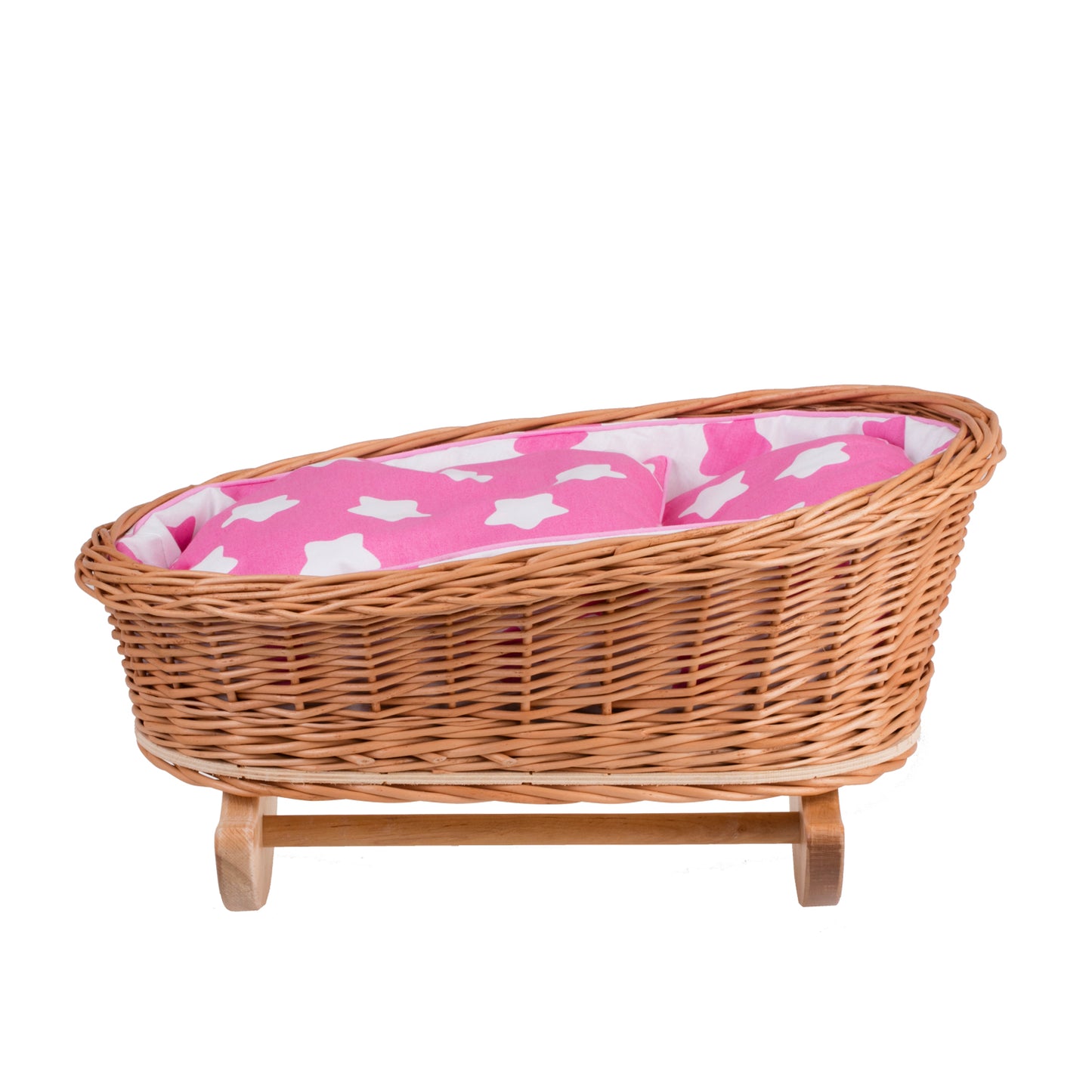 Mimi wiklinowa kołyska dla lalek z różowym obszyciem, poduszką i kołderką TheWickerStories