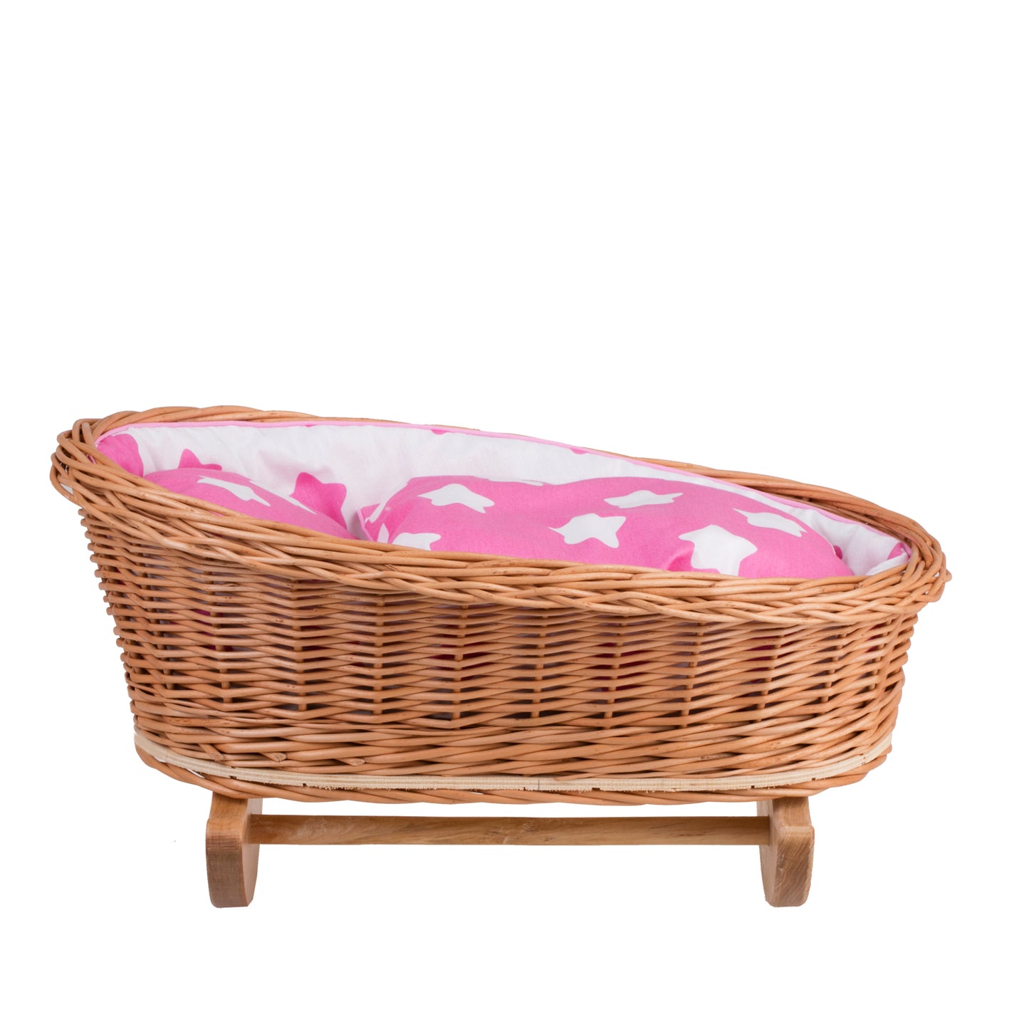 Mimi wiklinowa kołyska dla lalek z różowym obszyciem, poduszką i kołderką TheWickerStories