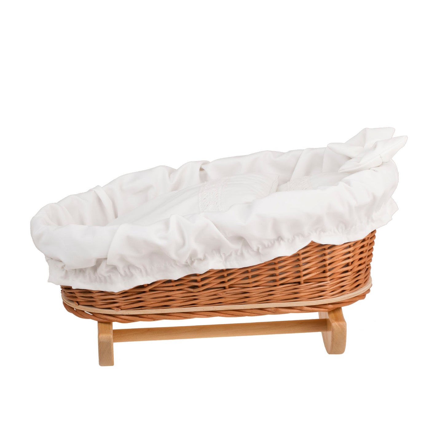 Mimi wiklinowa kołyska dla lalek z białym obszyciem, poduszką i kołderką TheWickerStories