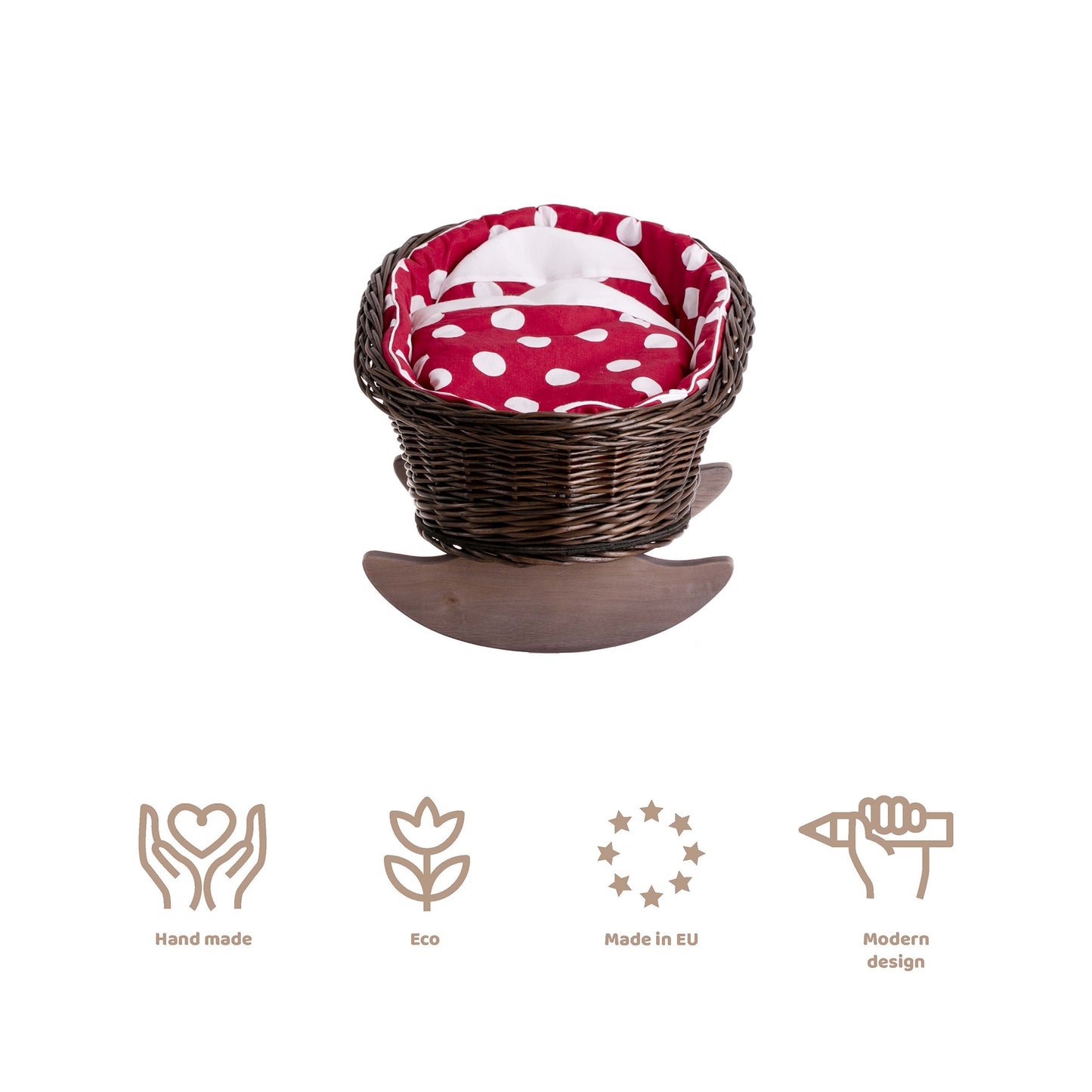 Mimi wiklinowa kołyska dla lalek z czerwonym obszyciem, z poduszką i kołderką TheWickerStories