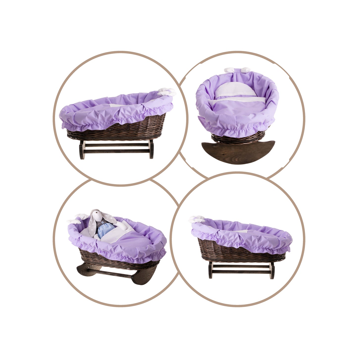 Mimi wiklinowy kosz‑kołyska dla lalek z fioletowym obszyciem, materacem, kołderką i poduszką, na drewnianych płozach TheWickerStories