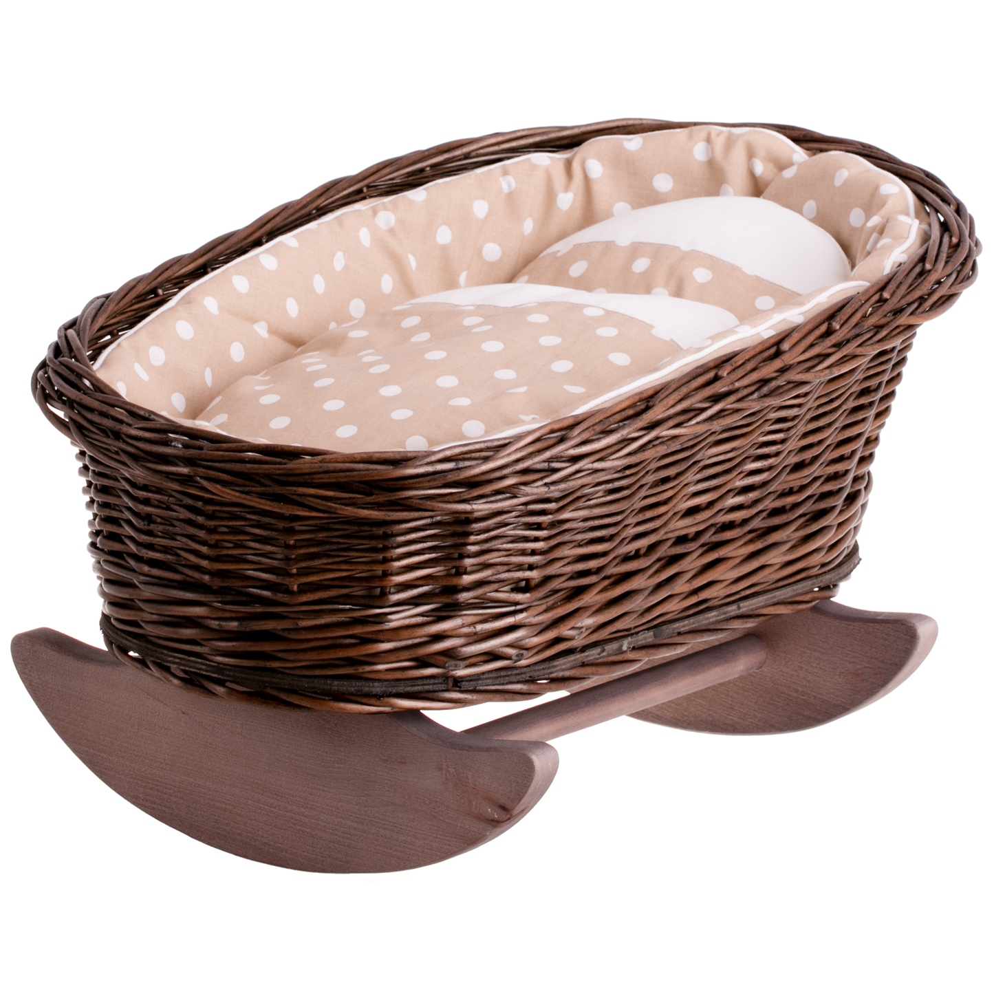 Mimi wiklinowa kołyska dla lalek z beżowym obszyciem, poduszką i kołderką TheWickerStories