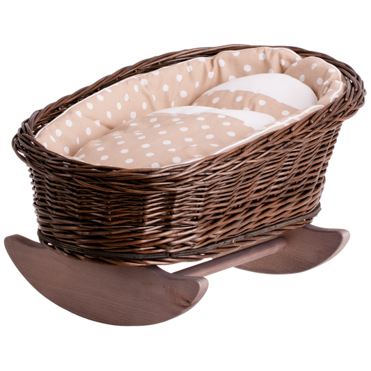 Mimi wiklinowa kołyska dla lalek z beżowym obszyciem, poduszką i kołderką TheWickerStories