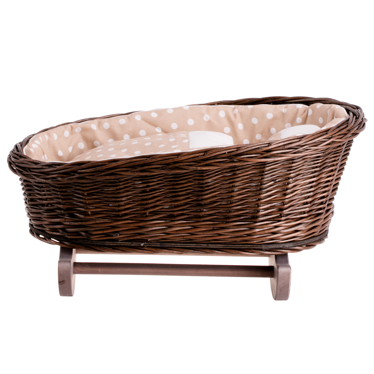 Mimi wiklinowa kołyska dla lalek z beżowym obszyciem, poduszką i kołderką TheWickerStories