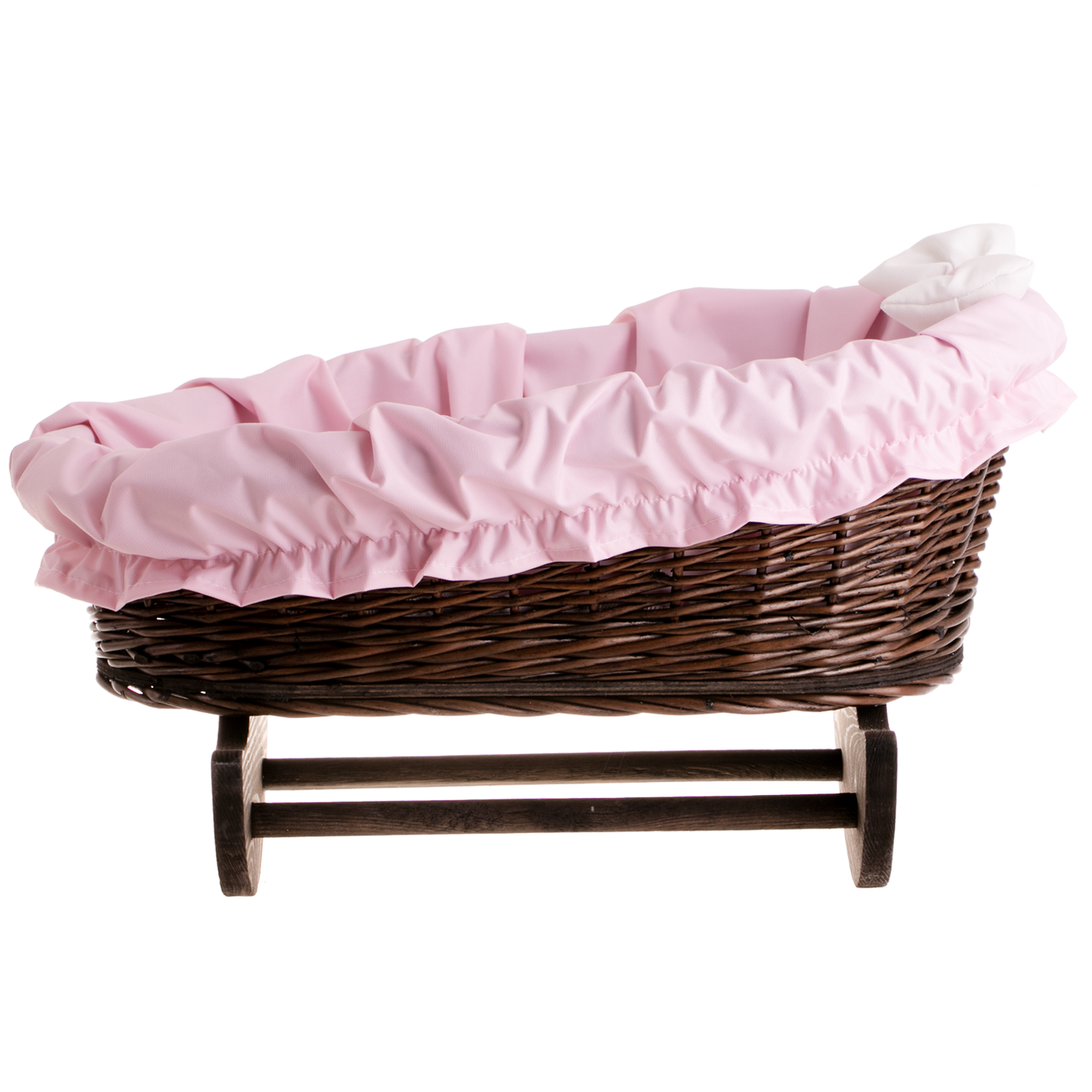 Mimi wiklinowa kołyska dla lalek z różowym obszyciem, poduszką i kołderką TheWickerStories