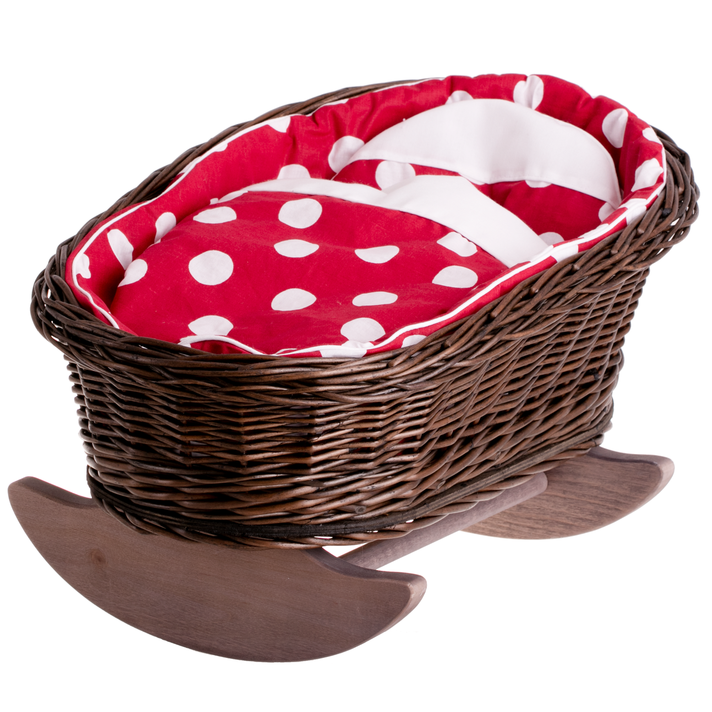 Mimi wiklinowa kołyska dla lalek z czerwonym obszyciem, z poduszką i kołderką TheWickerStories
