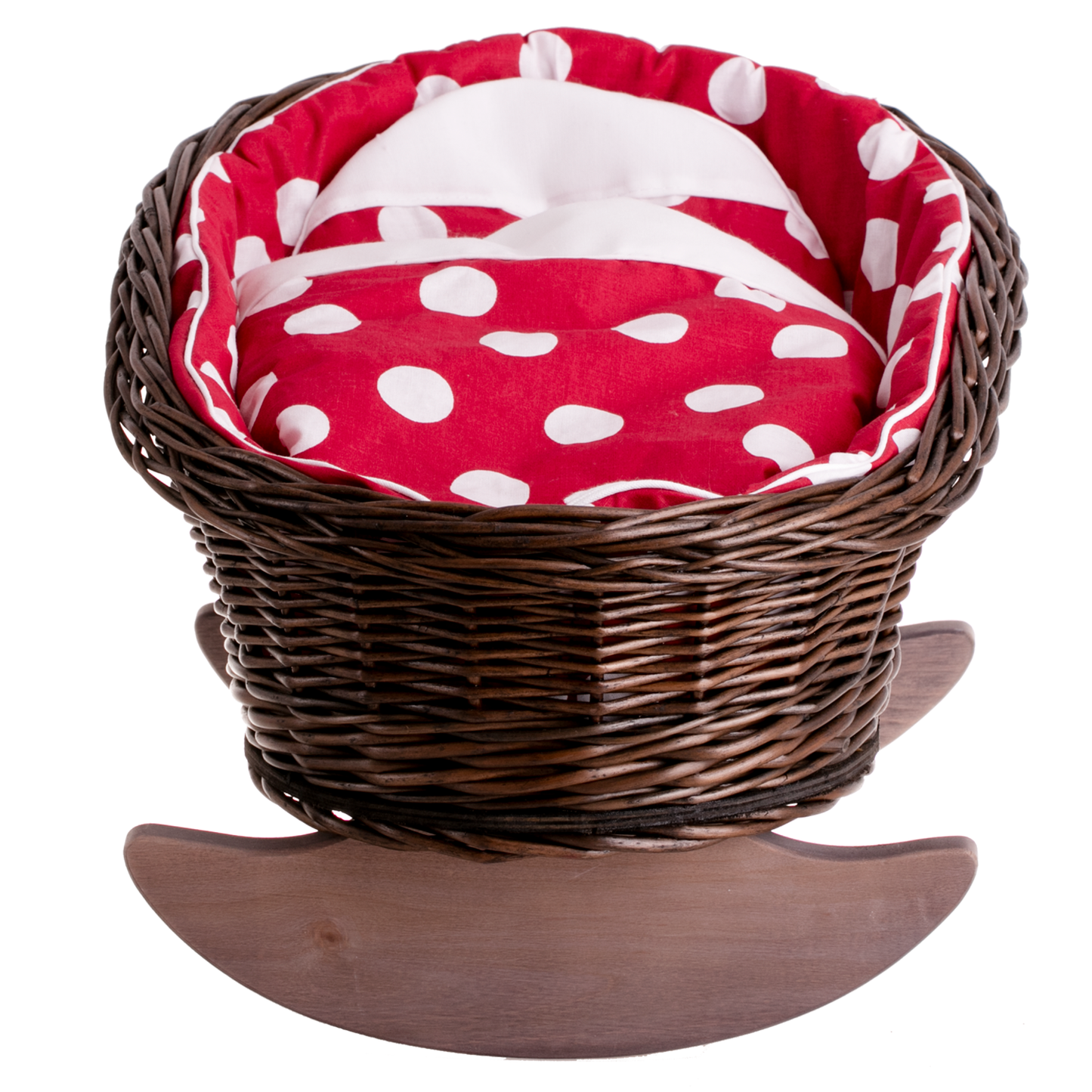 Mimi wiklinowa kołyska dla lalek z czerwonym obszyciem, z poduszką i kołderką TheWickerStories
