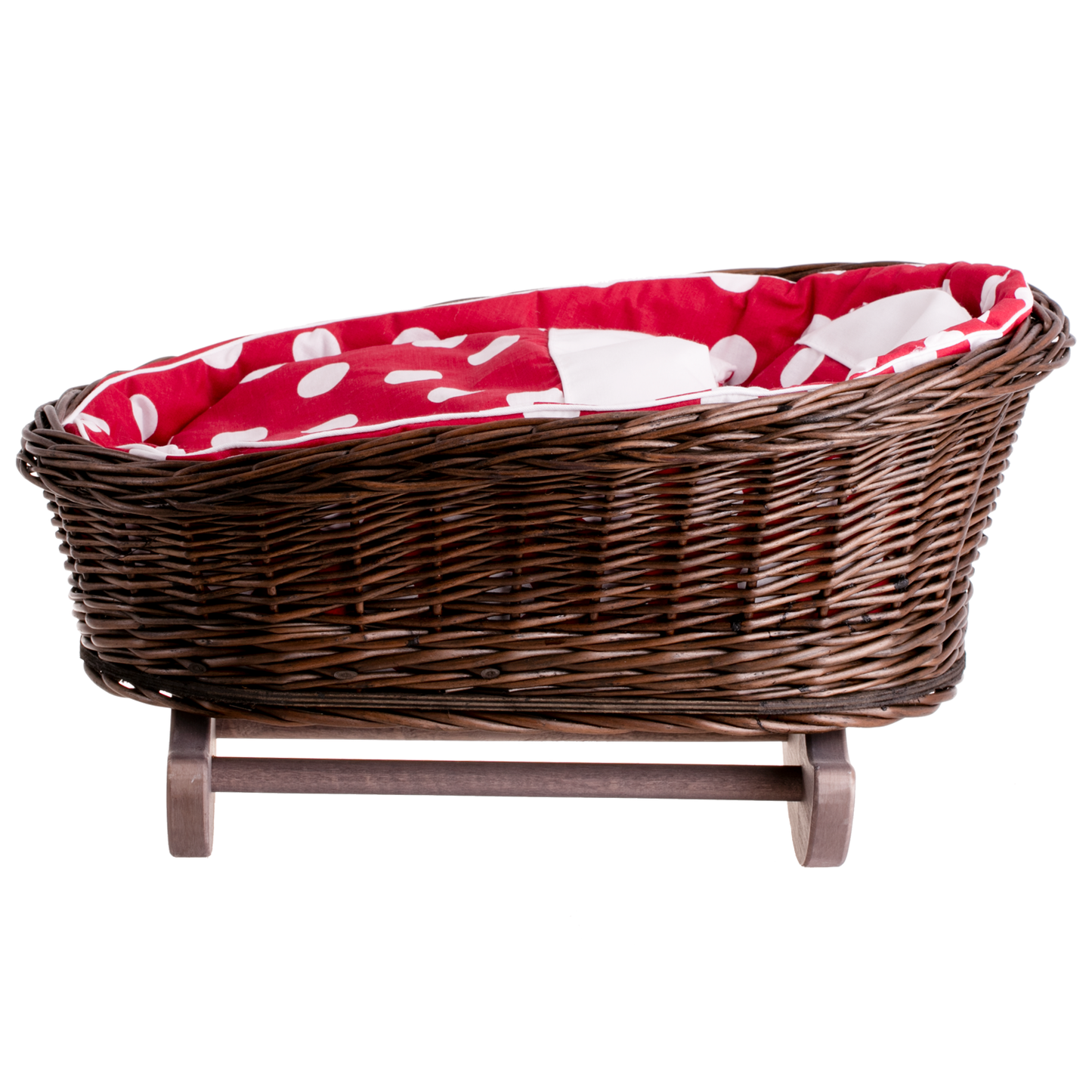 Mimi wiklinowa kołyska dla lalek z czerwonym obszyciem, z poduszką i kołderką TheWickerStories