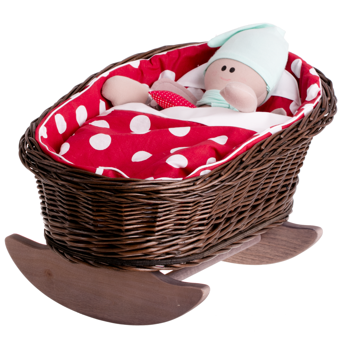 Mimi wiklinowa kołyska dla lalek z czerwonym obszyciem, z poduszką i kołderką TheWickerStories