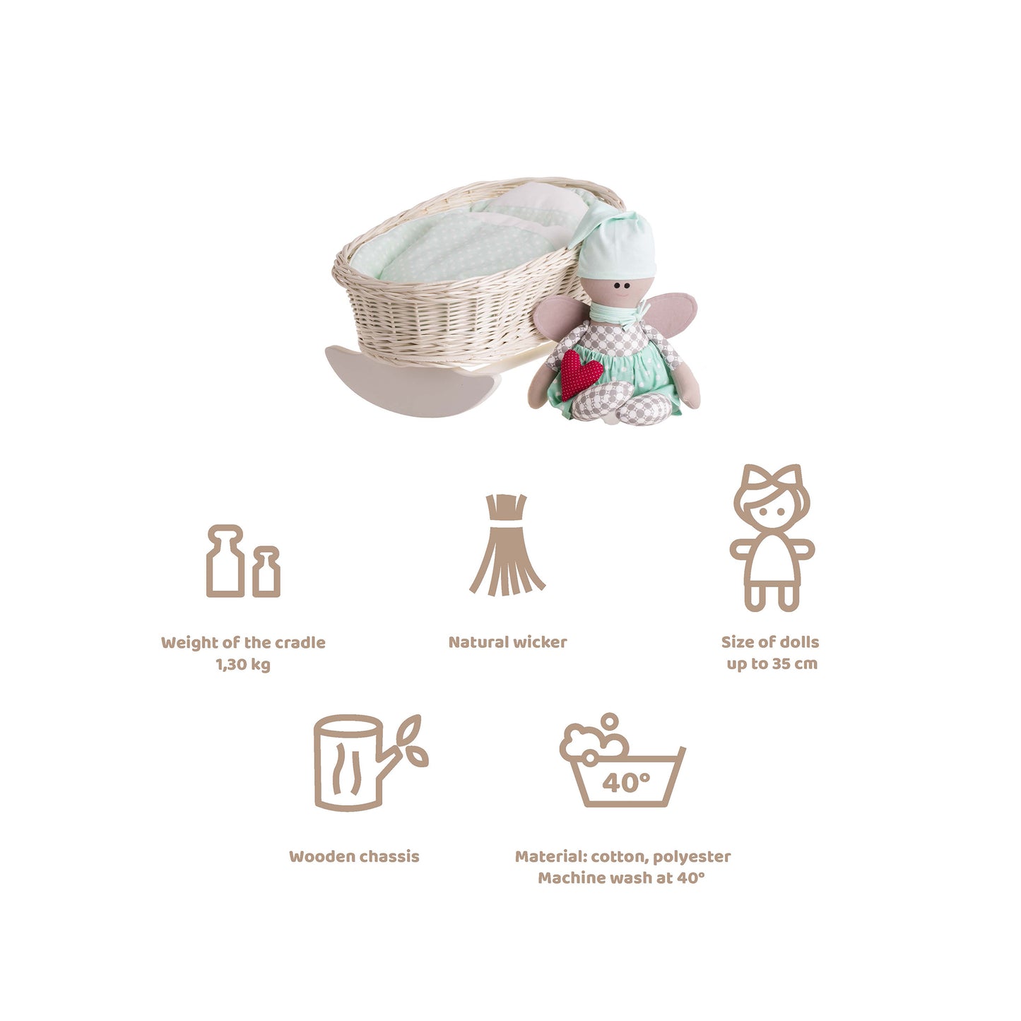 Mimi wiklinowa kołyska dla lalek z miętowym obszyciem, poduszką i kołderką TheWickerStories